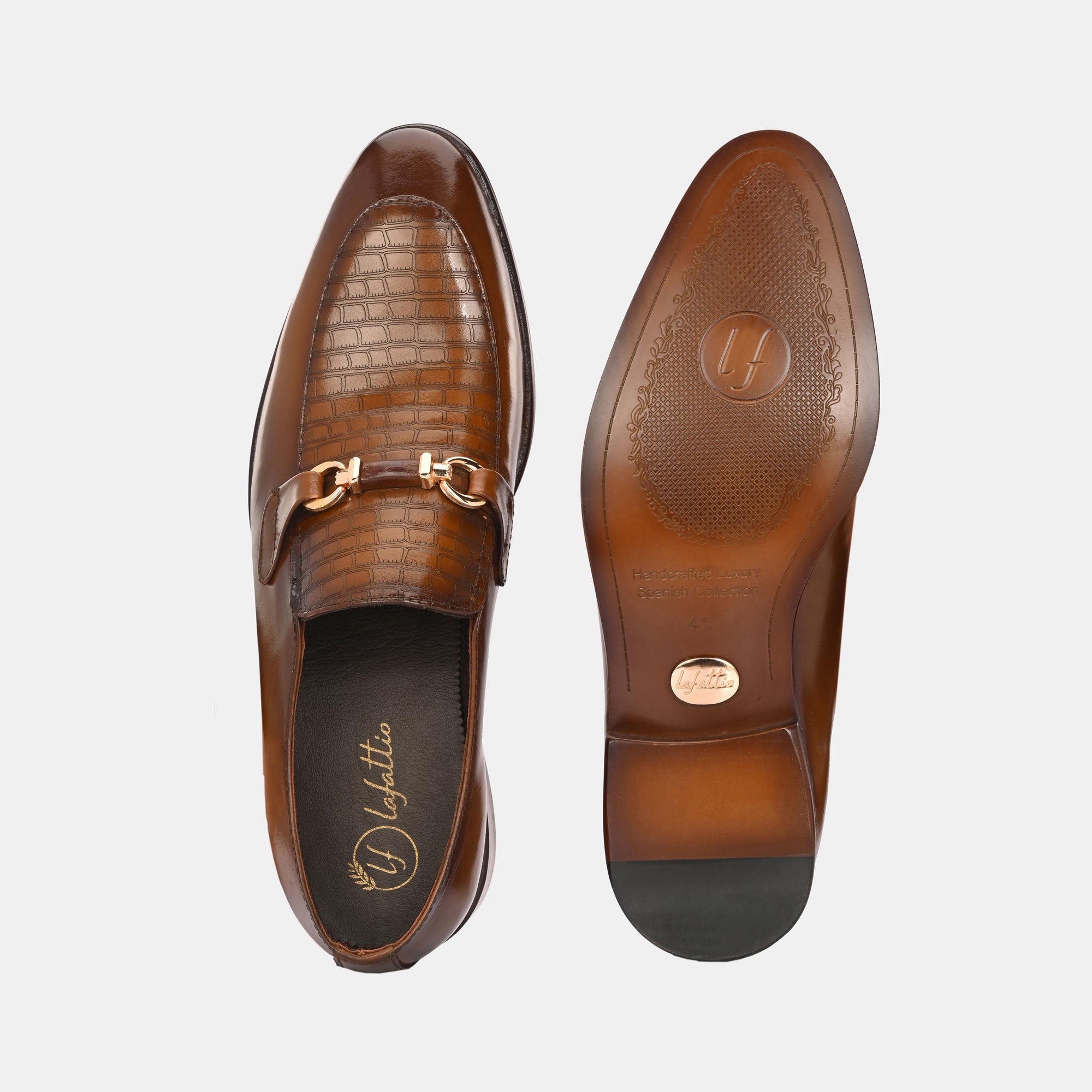 Tan Laser Engraved Buckled Shoes by Lafattio - view 5