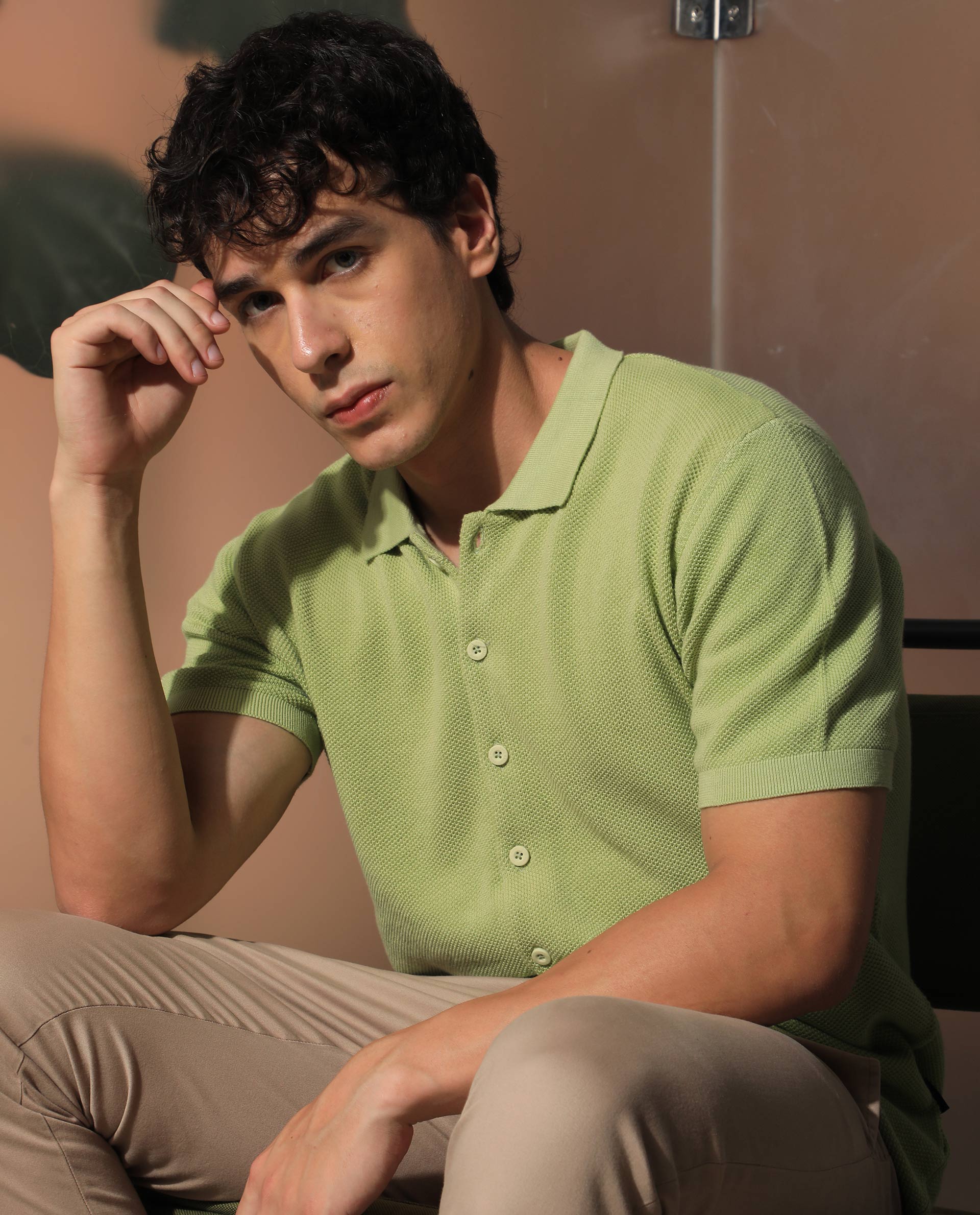 Rare Rabbit Men'S Alias Ss Light Green Shirt Cotton Fabric Collared Neck Short Sleeves Solid Print