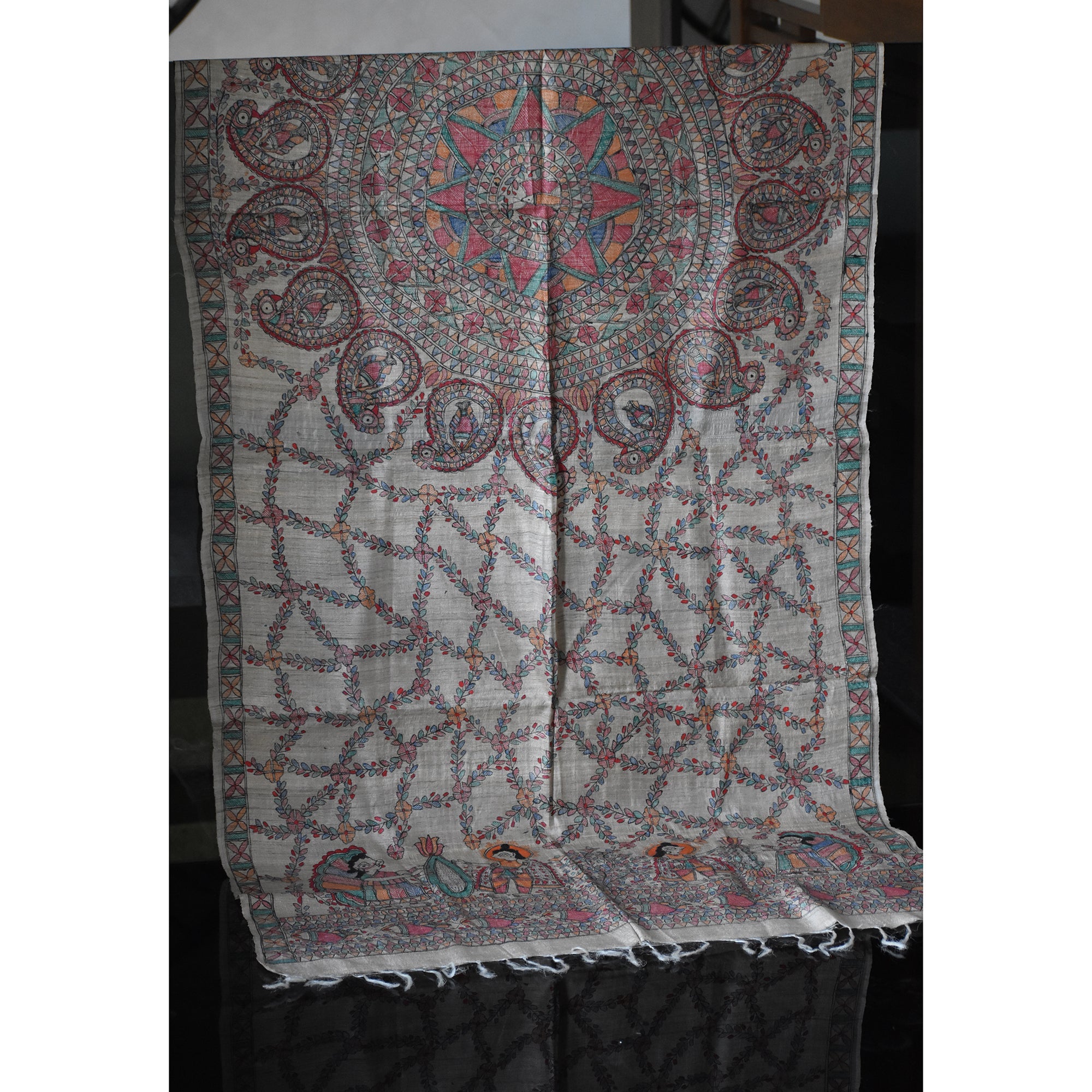 DIORAMA DESIGNS Brown - Madhubani Hand-Painted Natural Tussar Silk Dupatta - view 7