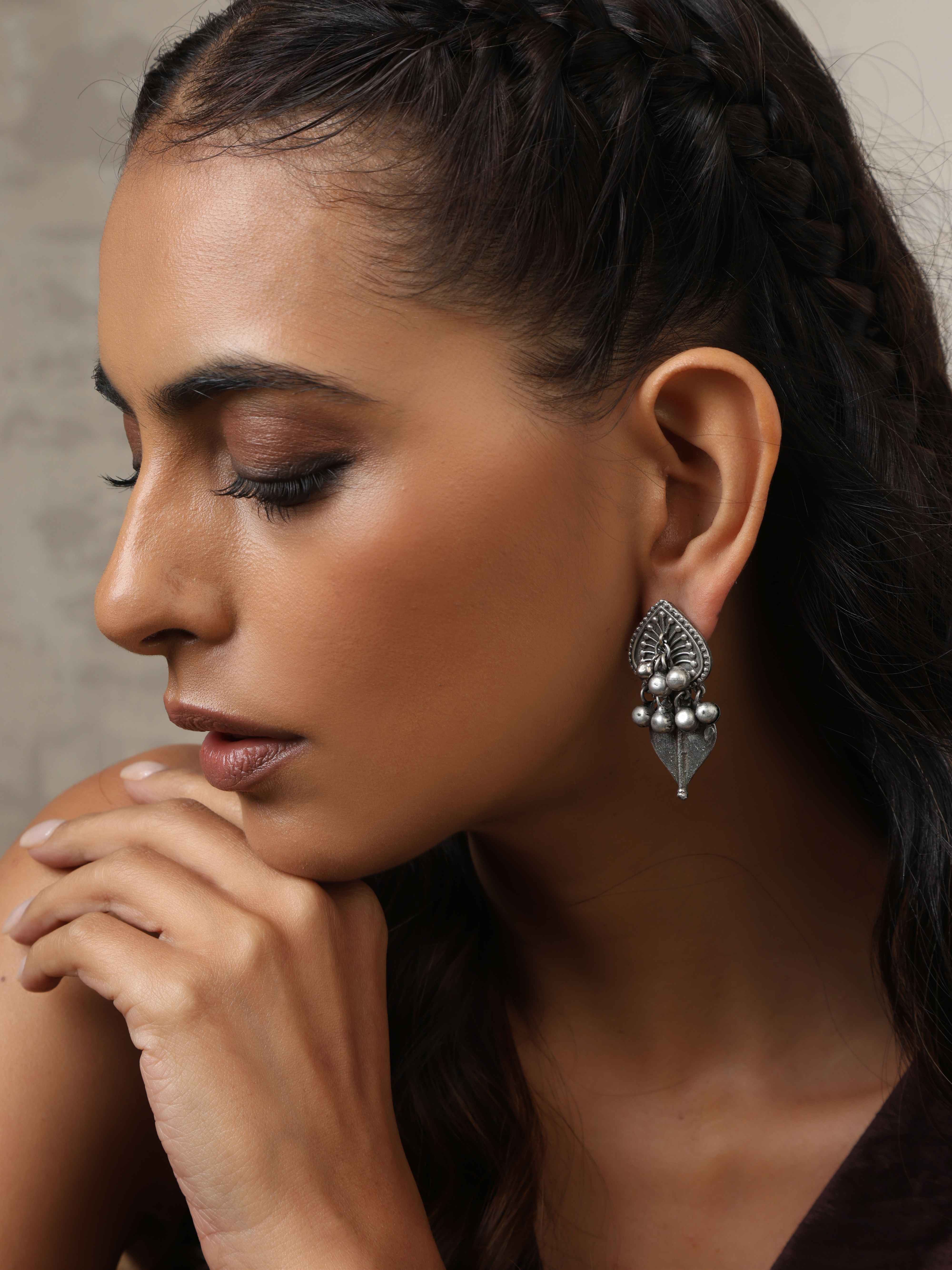 trueBrowns Silver Tone Leaf Stud Earrings - view 4