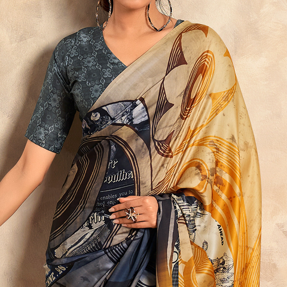 Peachmode Multicolor Abstract Printed Satin Saree - view 2