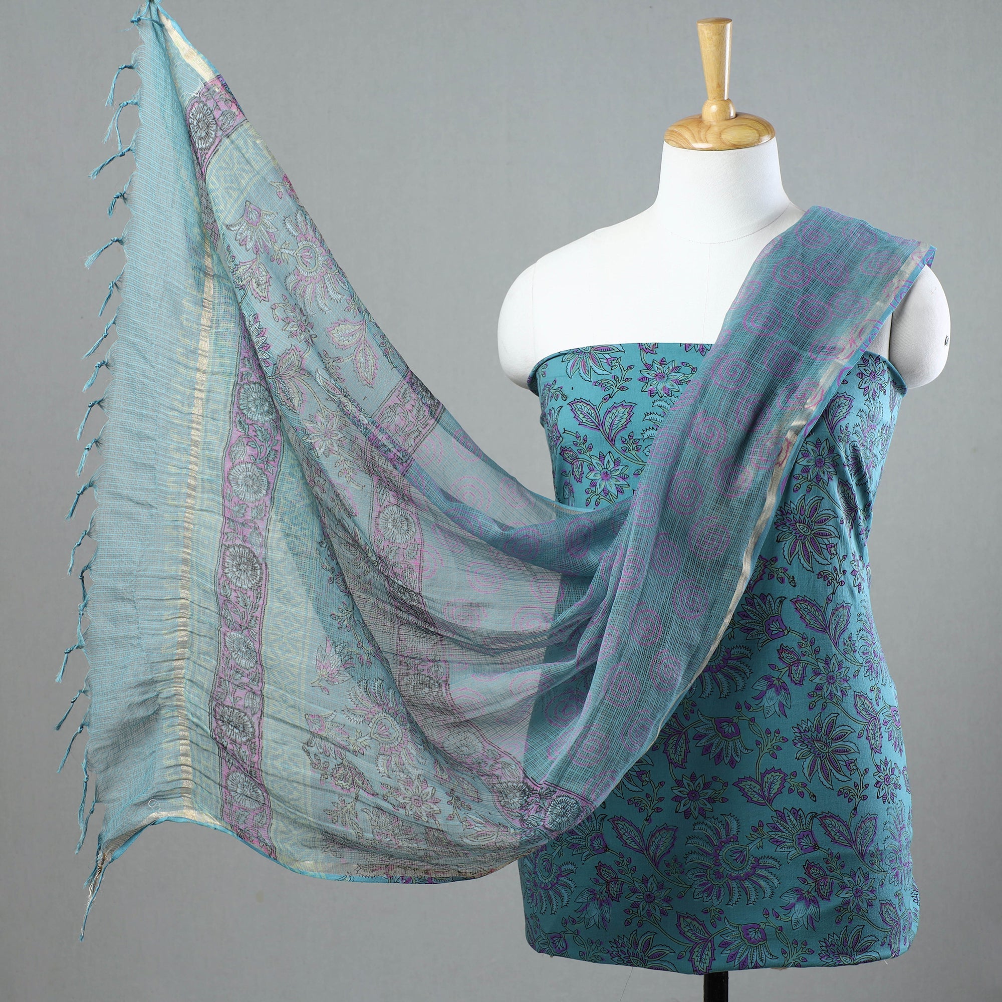 KUSUMLATA 3pc Sanganeri Block Printed Cotton Suit Material with Kota Doria Dupatta 05