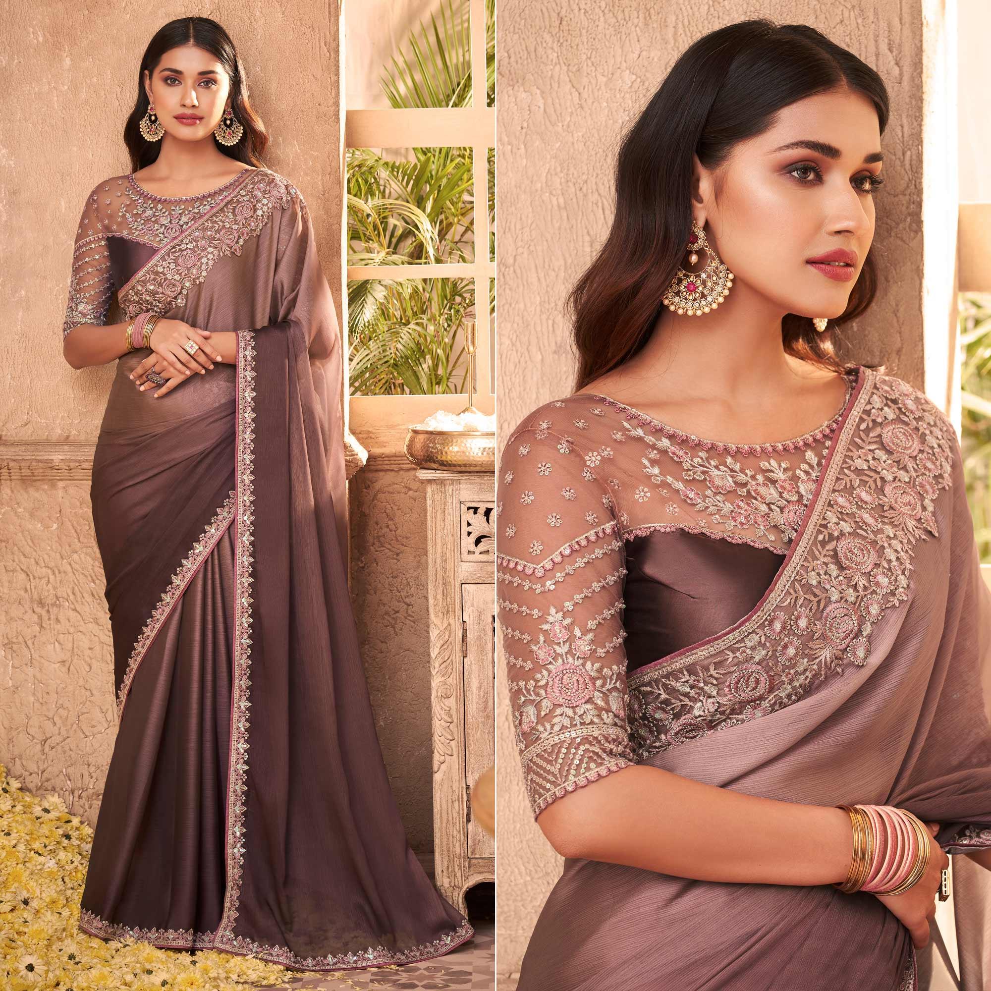 Peachmode Brown Nude Partywear Embroidered Silk Saree