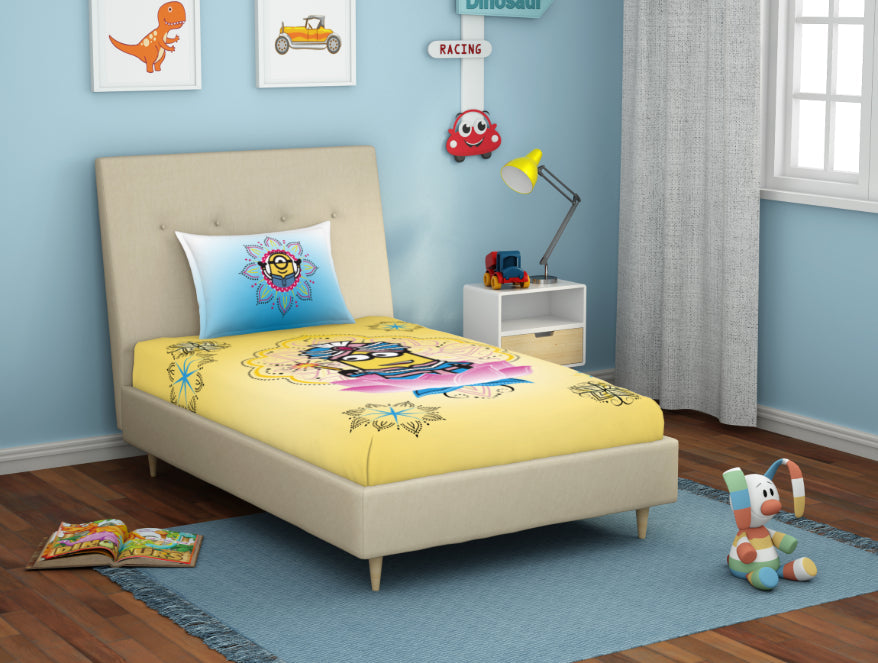 Spaces India Universal Masala Minions Yellow 100% Cotton Single Bedsheet - By Spaces - view 2