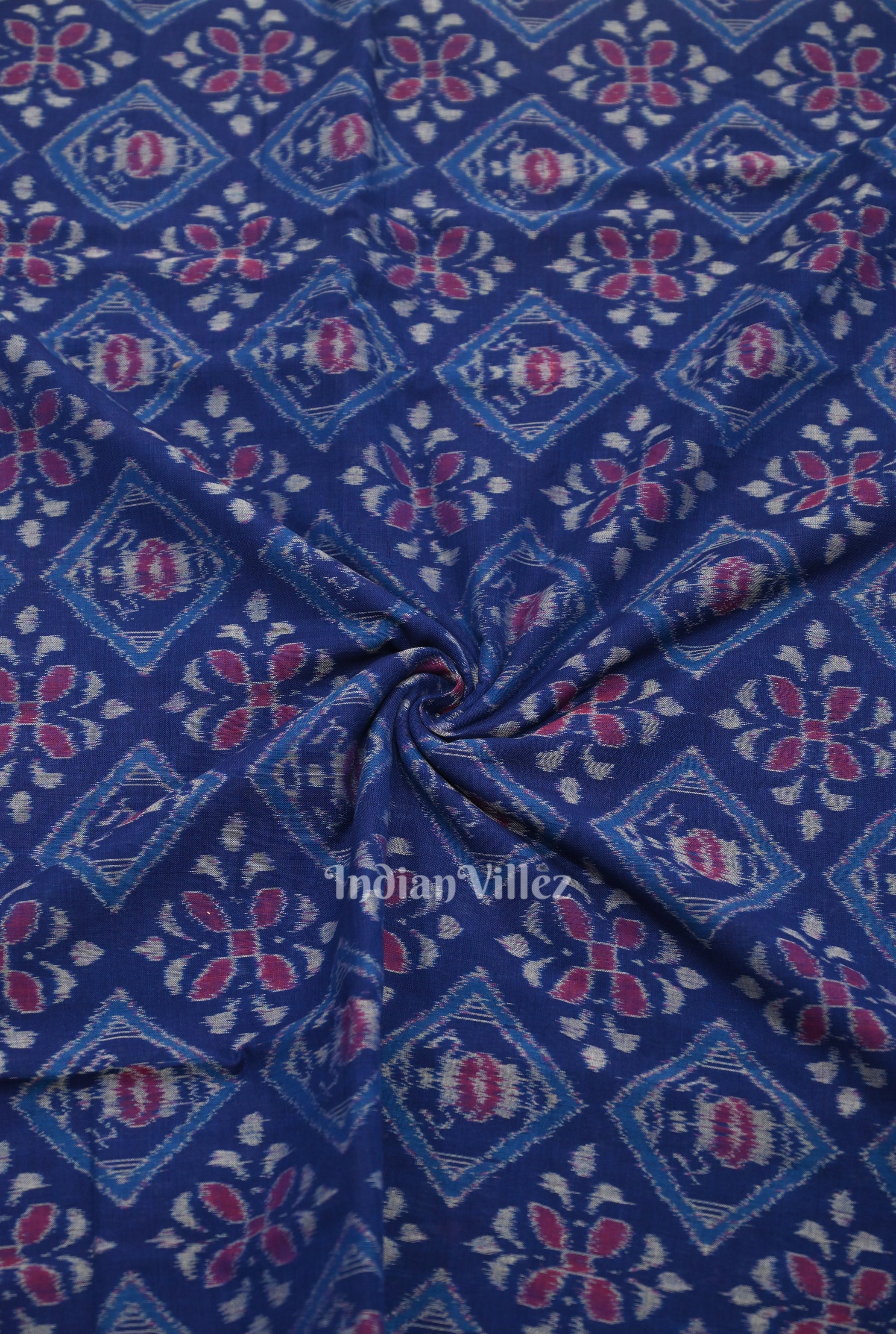 IndianVillèz Royal Blue Floral Motif Sambalpuri Ikat Cotton Fabric