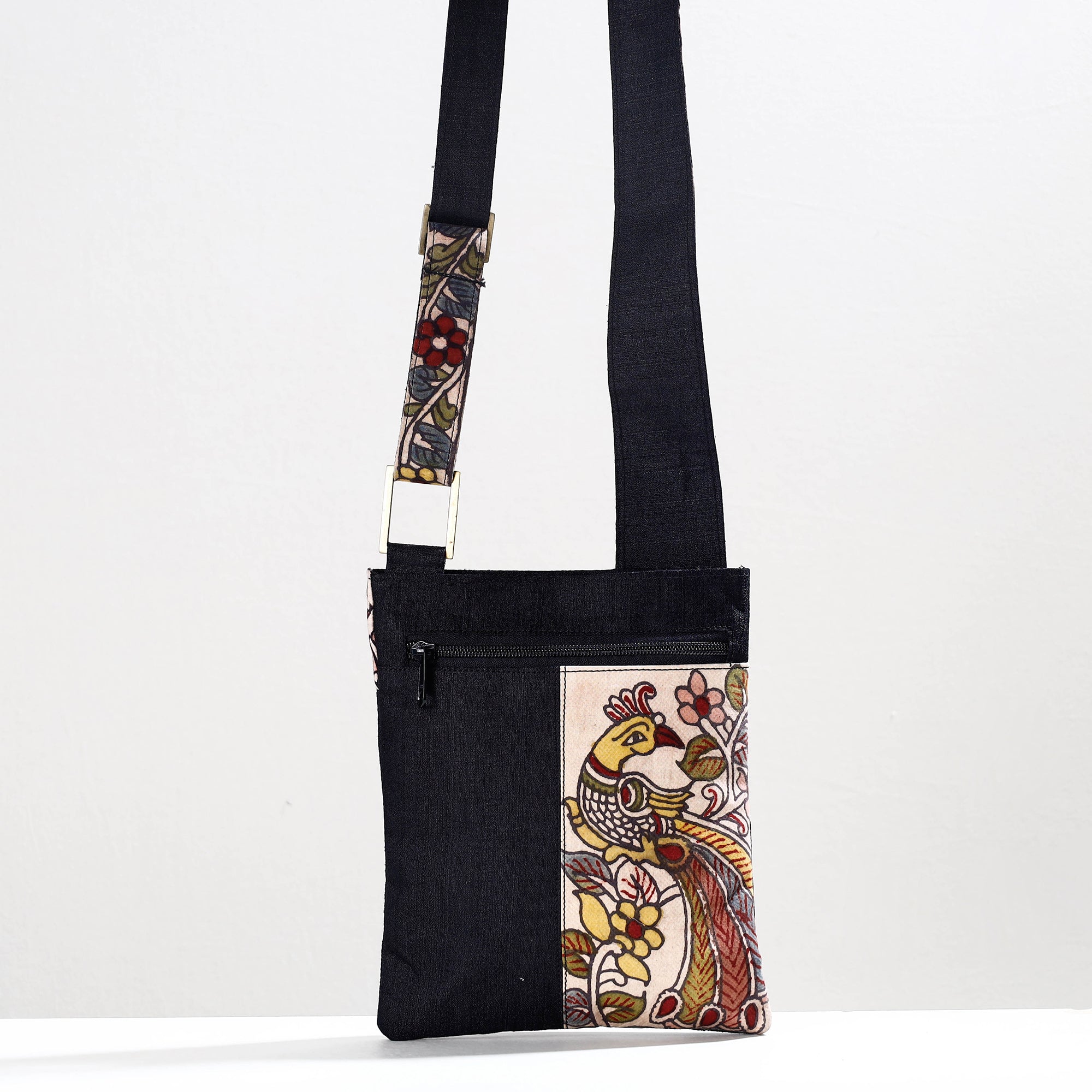 DWARAKA PLUS Black - Handpainted Kalamkari Natural Dyed Ghicha Silk Sling Bag