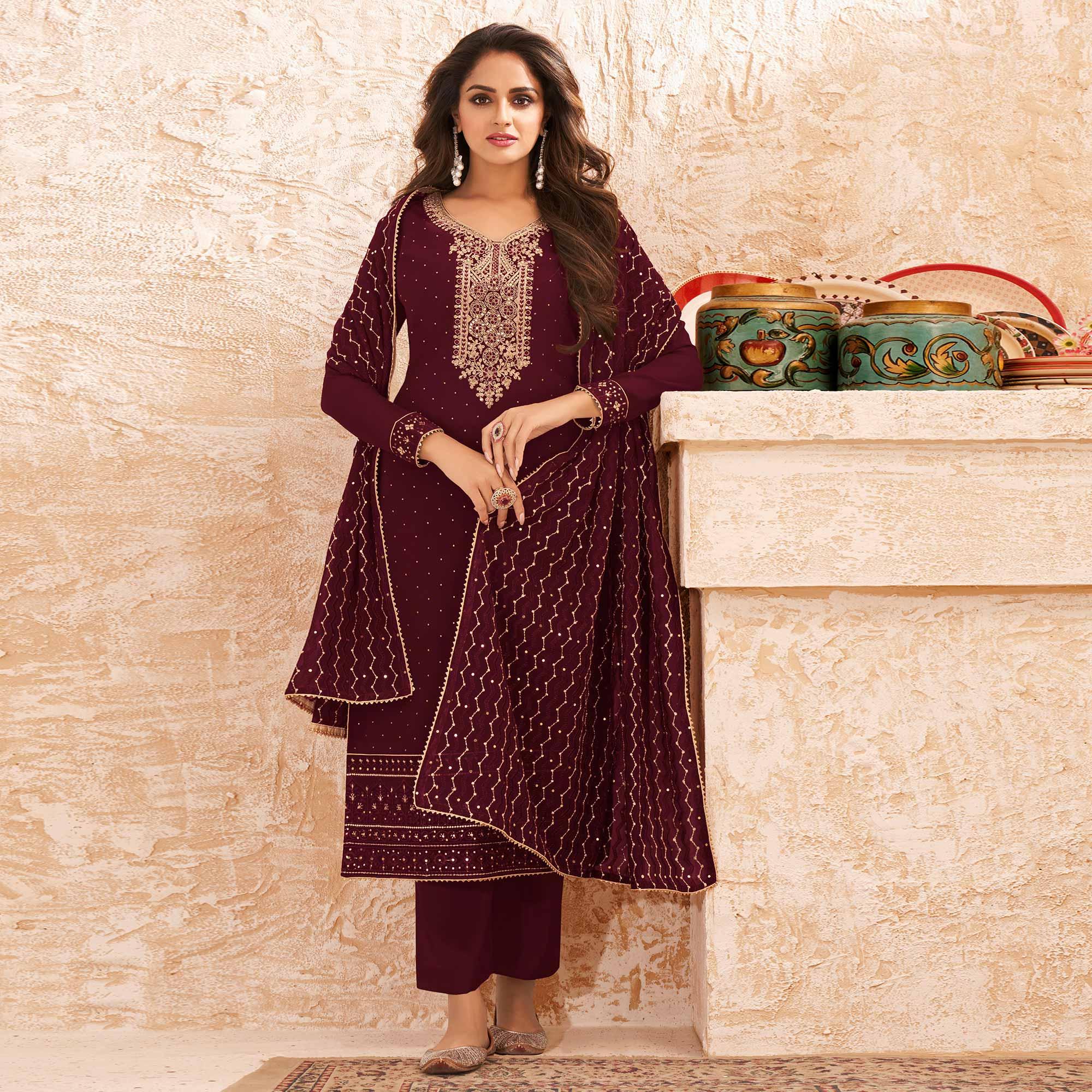 Peachmode Maroon Sequins Embroidered Real Georgette Partywear Suit