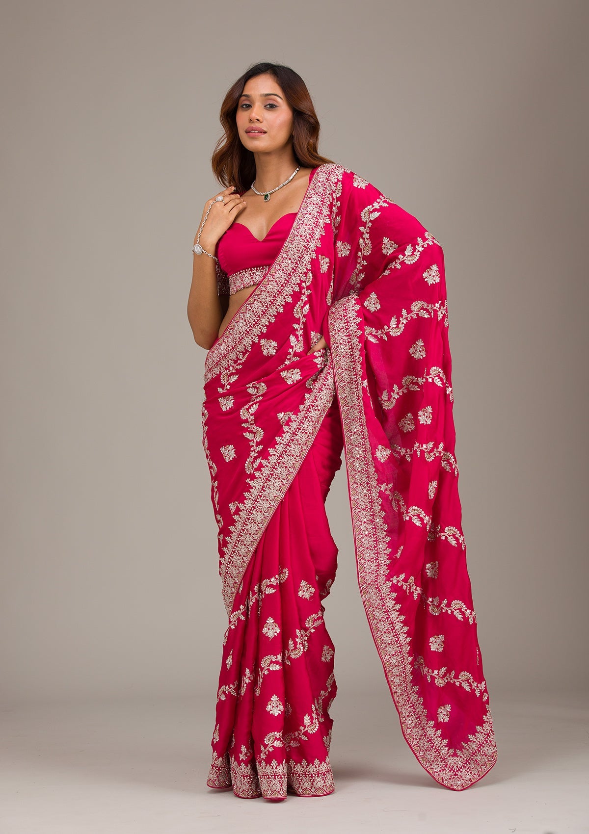 Koskii Rani Pink Threadwork Satin Saree – Women's
