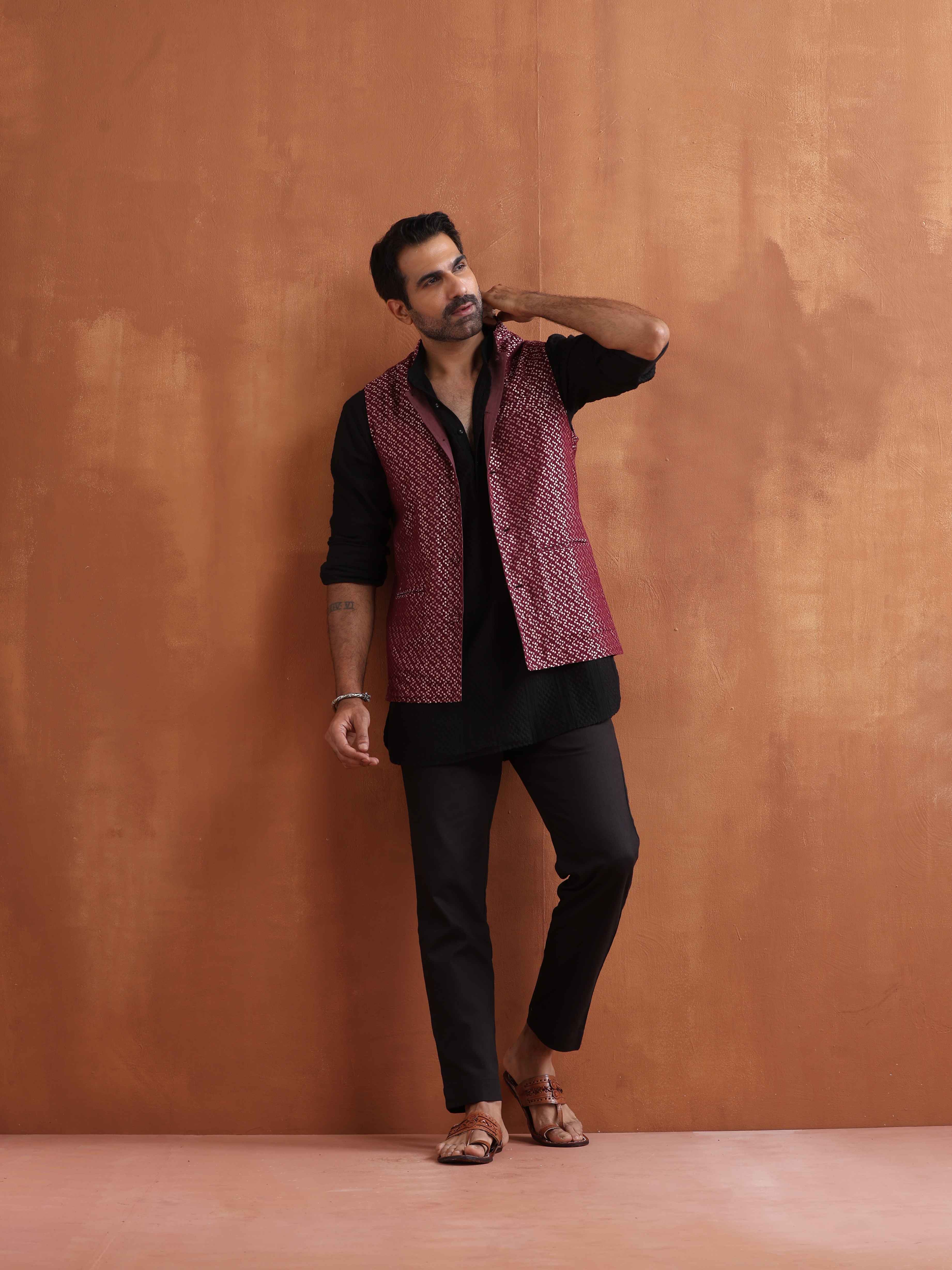 trueBrowns Men's Dark Purple Cotton Dobby Nehru Jacket - view 5