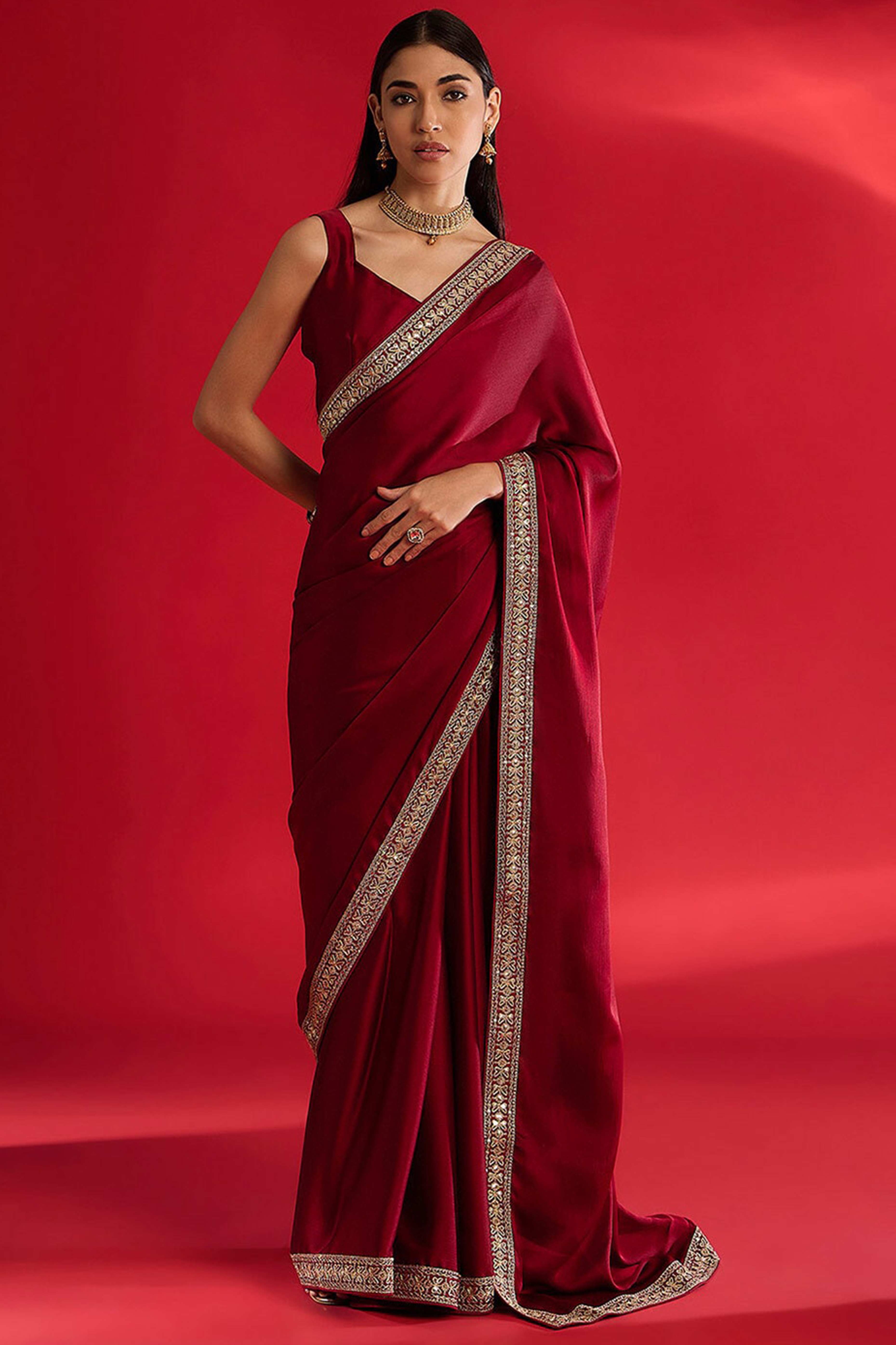 Peachmode Maroon Solid With Embellished Bordered Chiffon Sarees