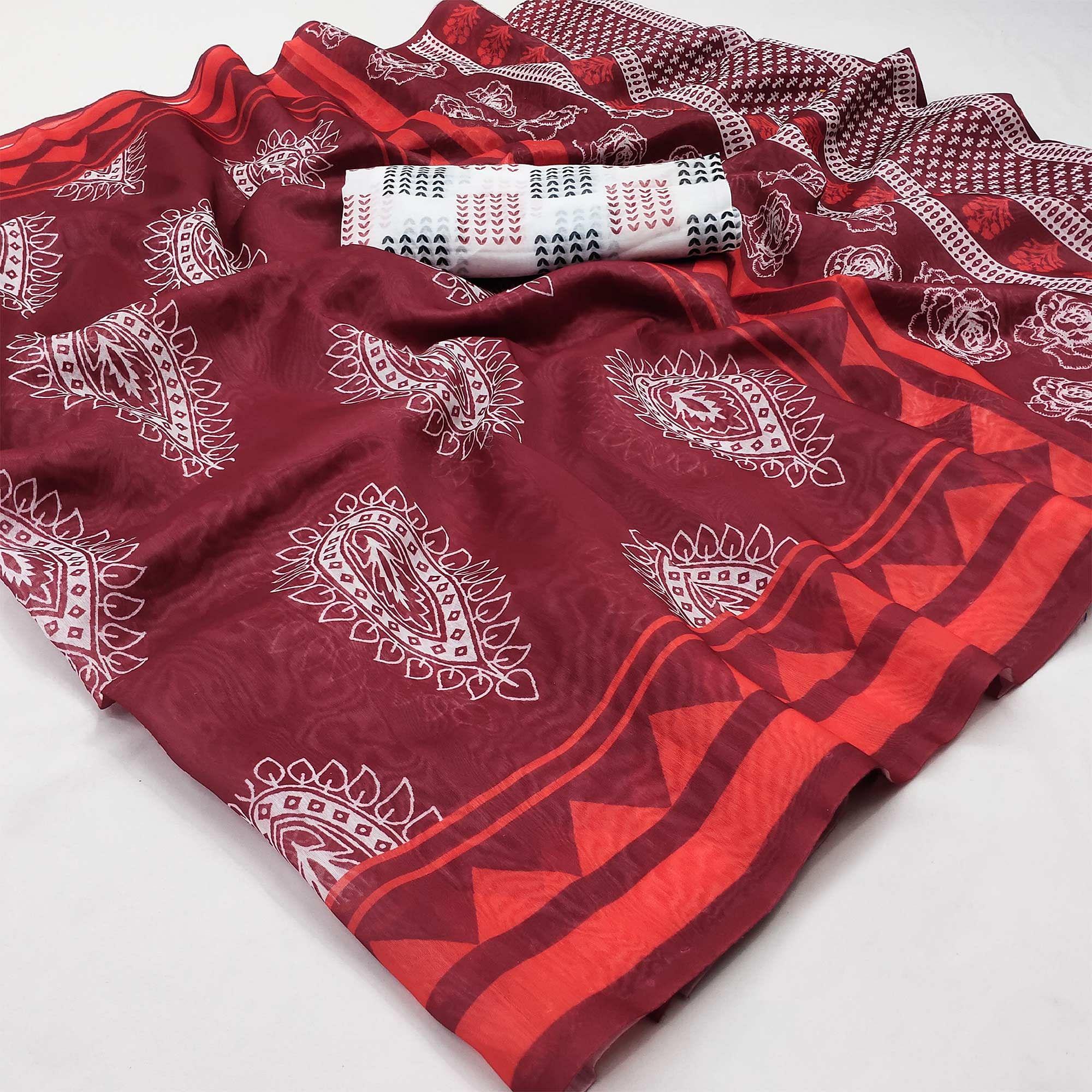 Peachmode Maroon Casual Wear Printed Chanderi Saree - view 3