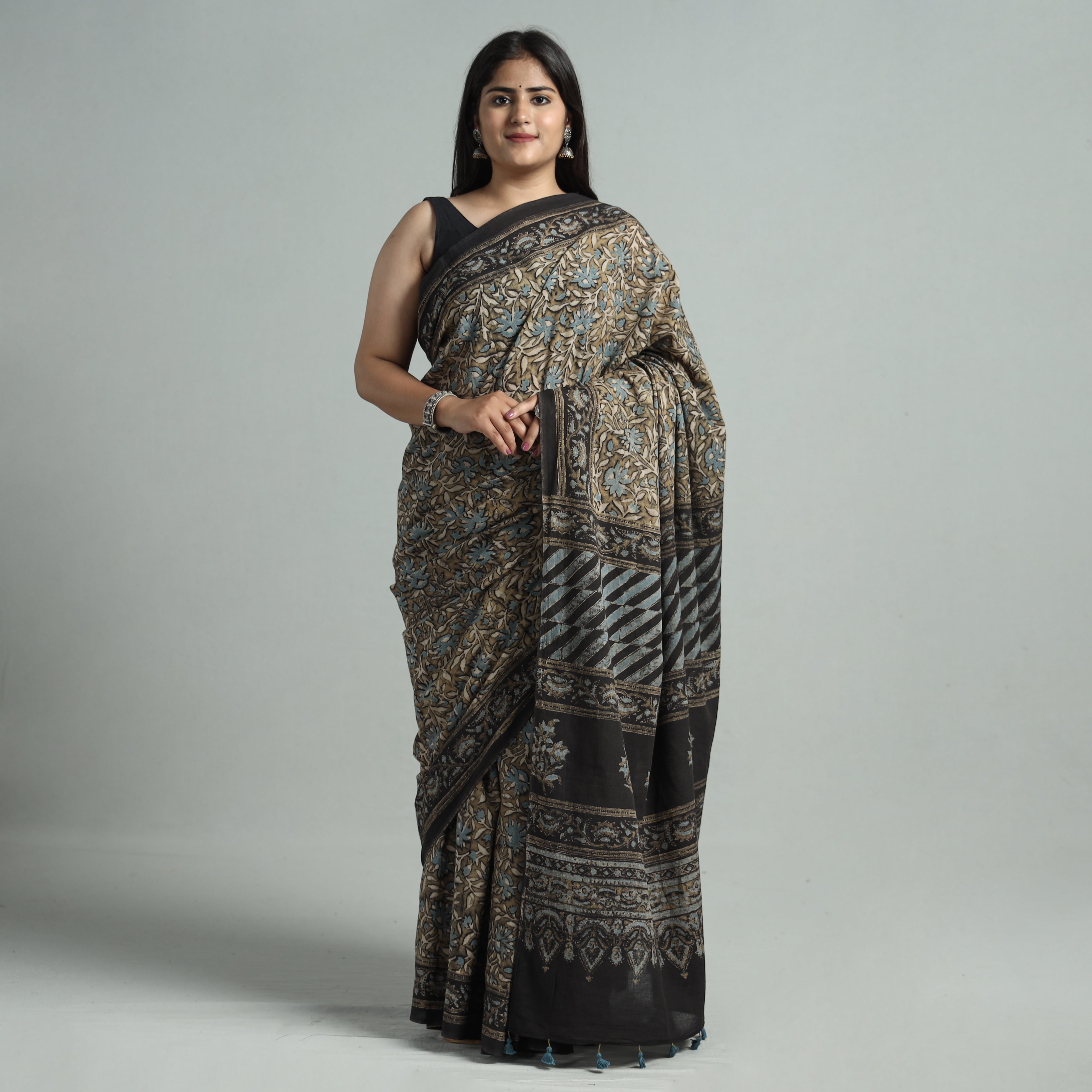 AJRAKH BY JABBAR KHATRI Brown - Natural Dyed Block Print Mul Cotton Ajrakh Saree 08