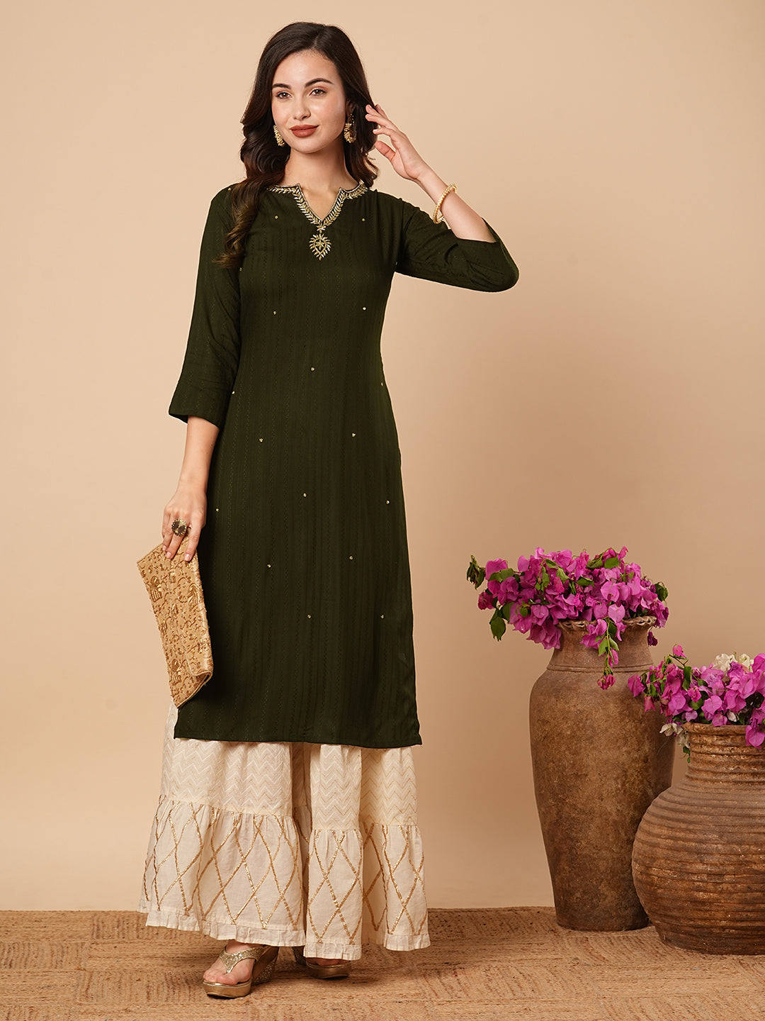 Fashor Ethnic Stripes Woven & Hand Embroidered Straight Fit Kurta - Olive Green