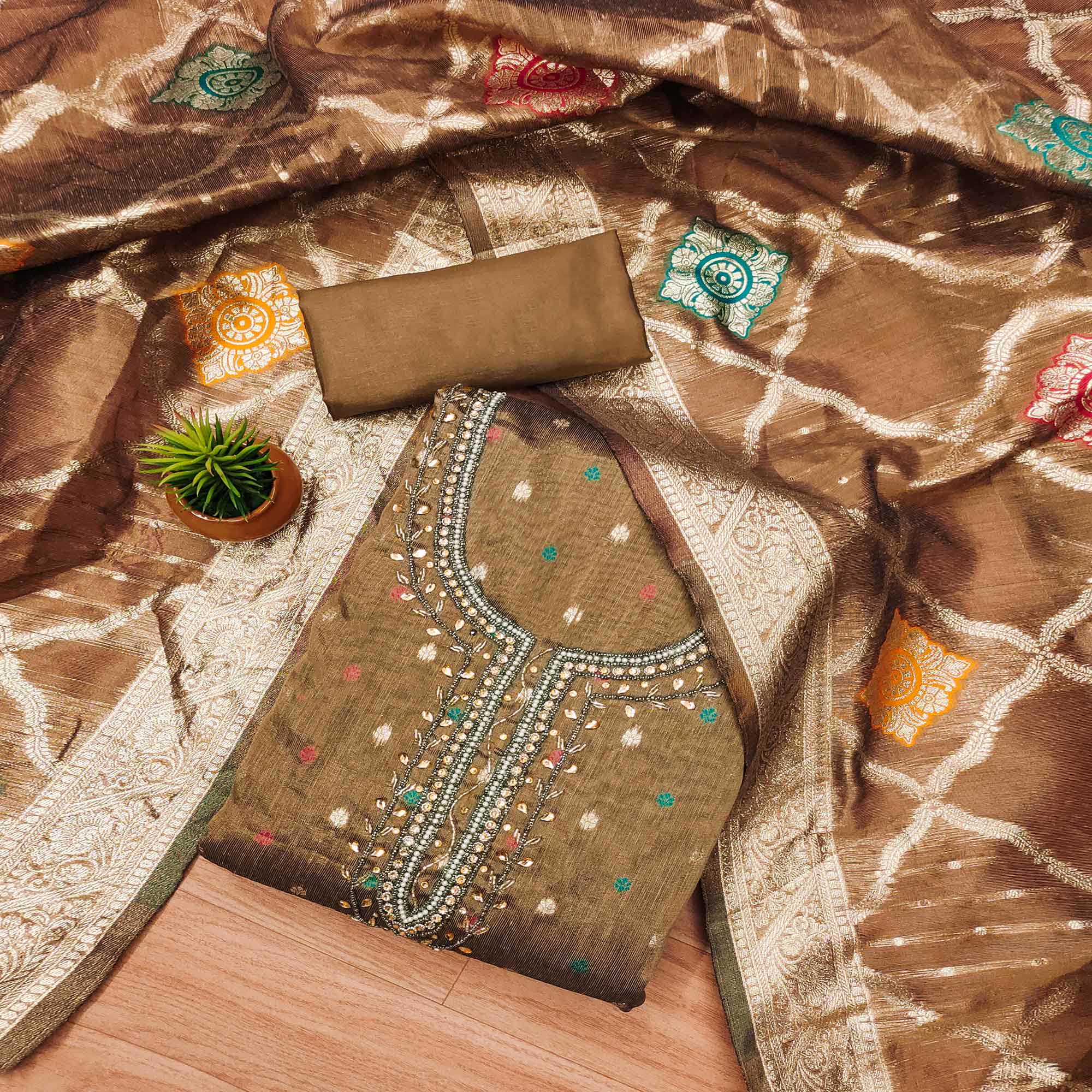 Peachmode Brown Woven With Handwork Simmer Jacquard Dress Material