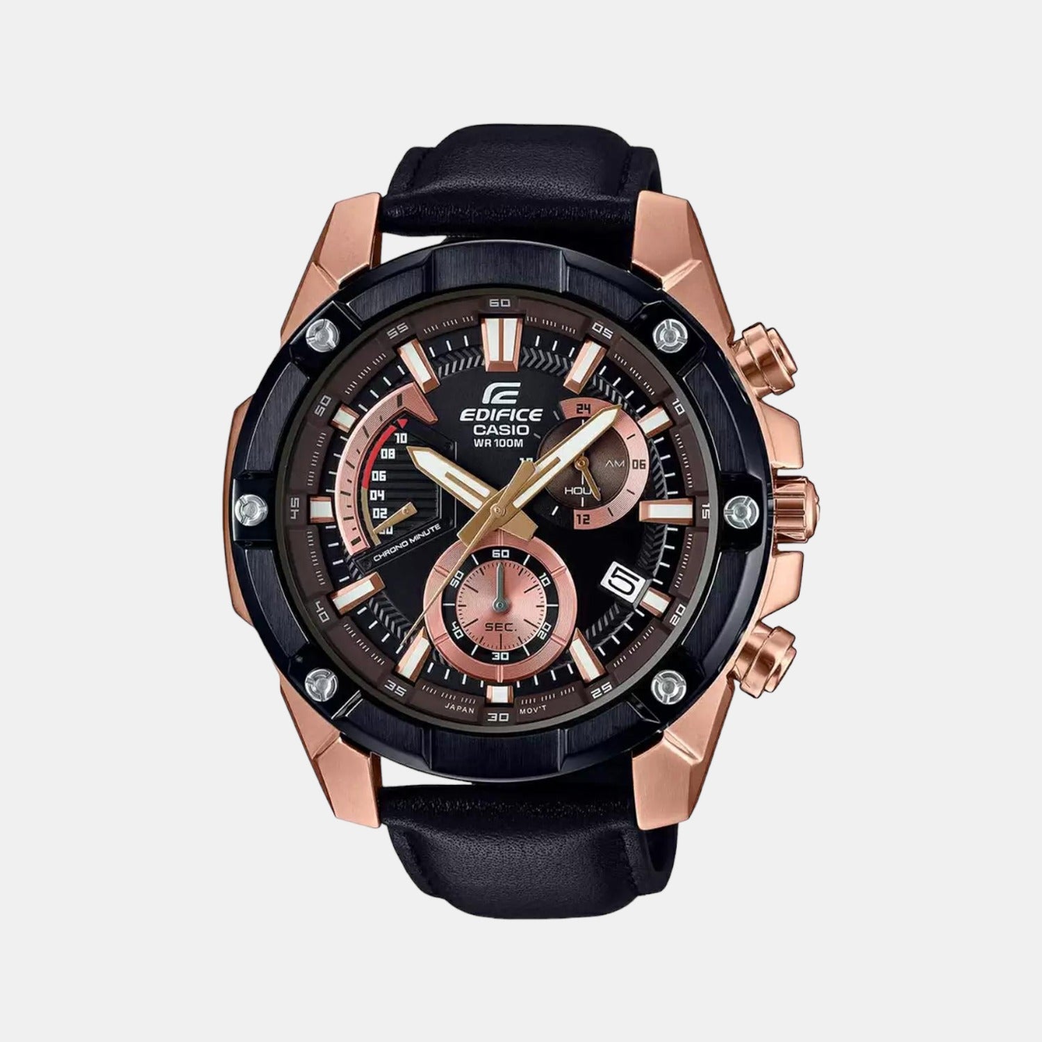 Casio Edifice Men Quartz Black Dial Chronograph Leather Watch EX393
