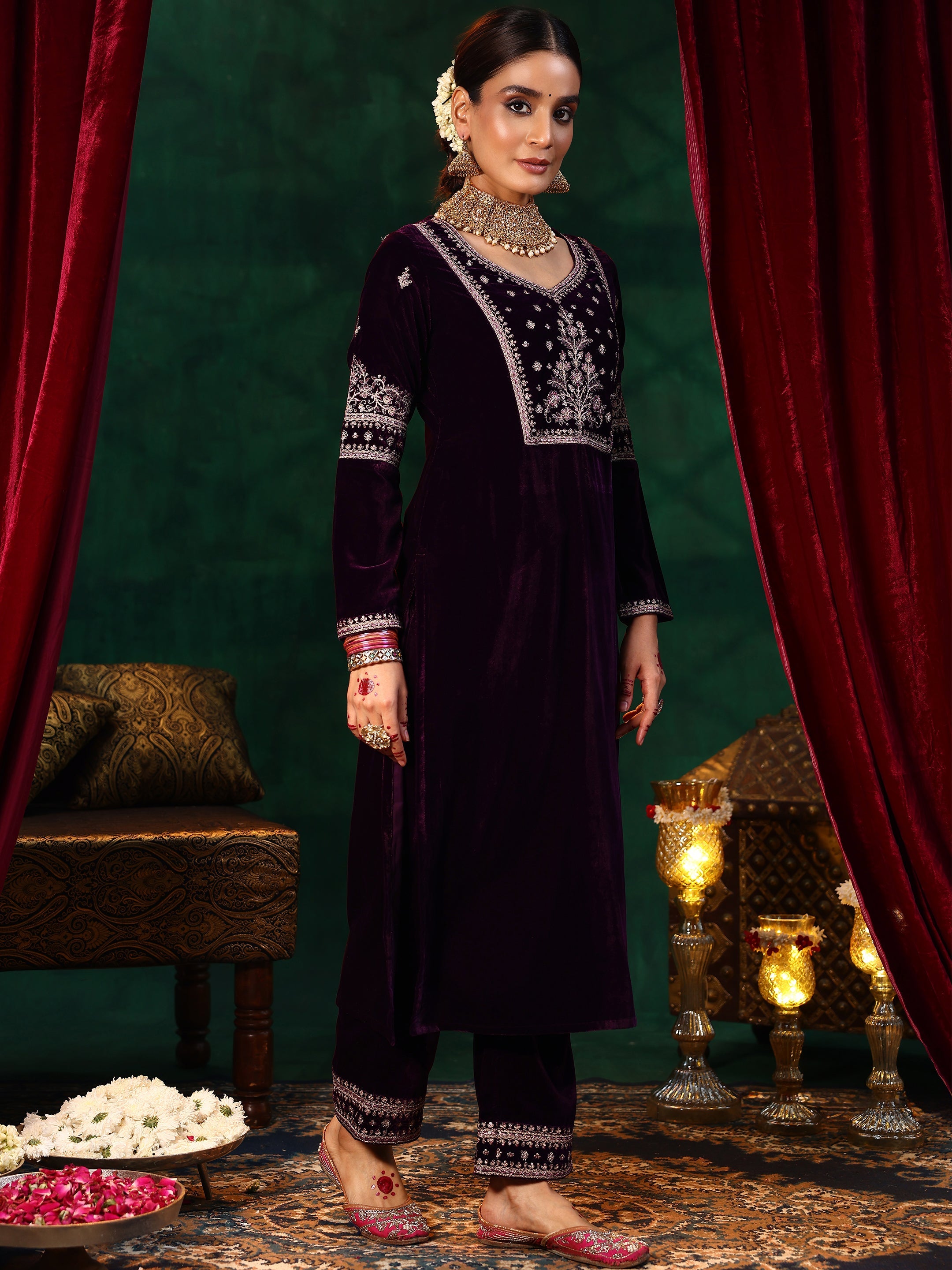 Libas Burgundy Yoke Design Velvet Straight Suit With Dupatta - view 2