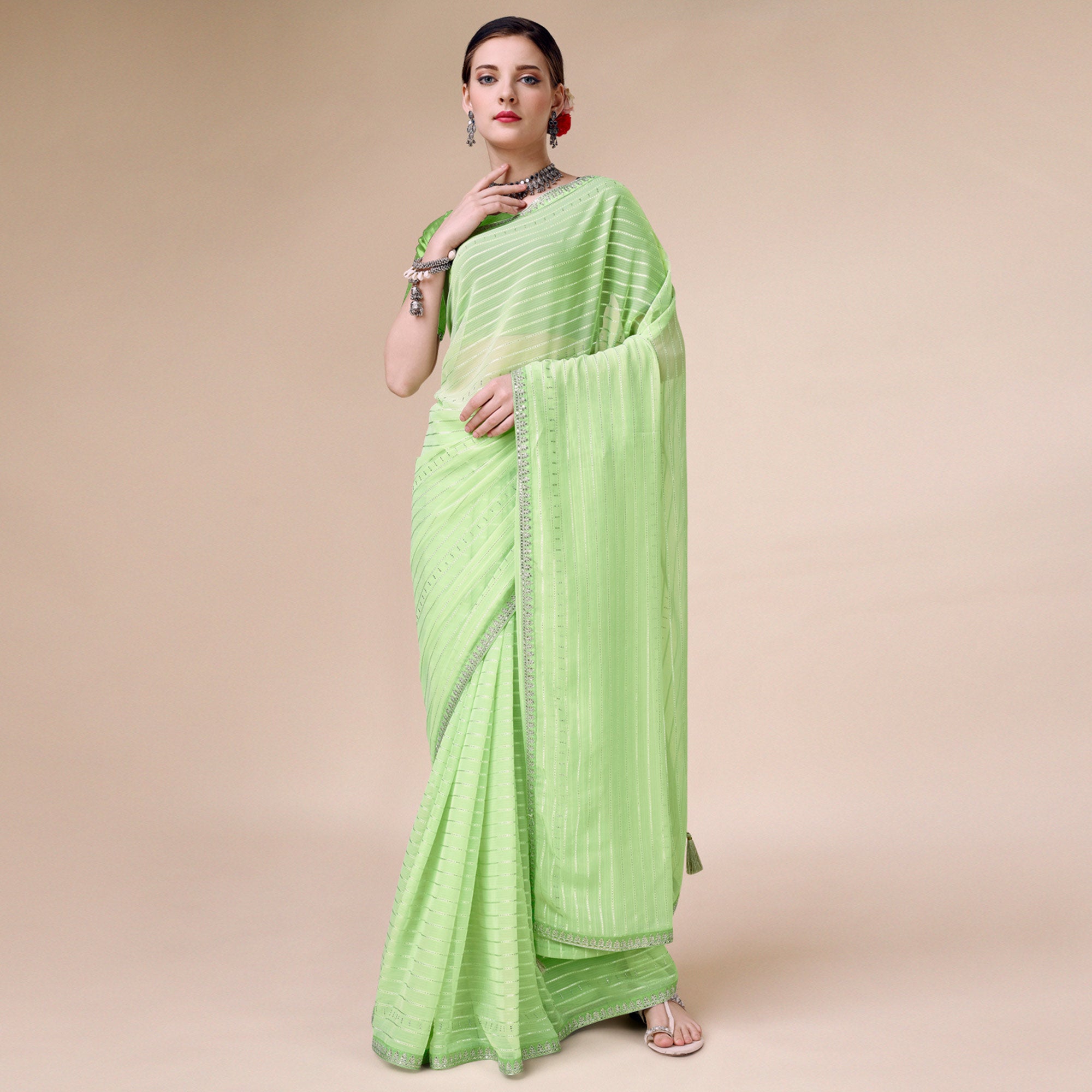 Peachmode Light Green Zari Striped With Swarovski Work Chiffon Saree - view 2