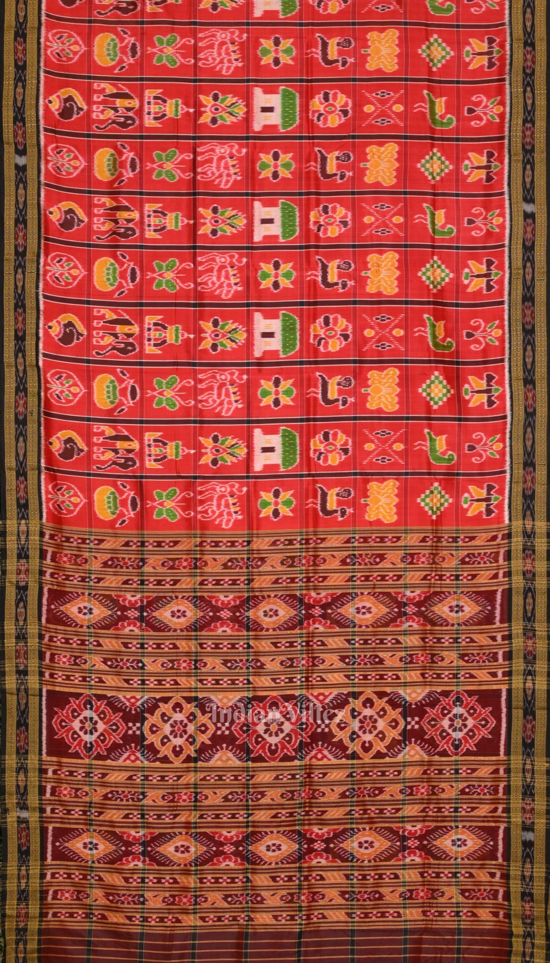 IndianVillèz Deep Red Black Nabakothi Khandua Silk Saree
