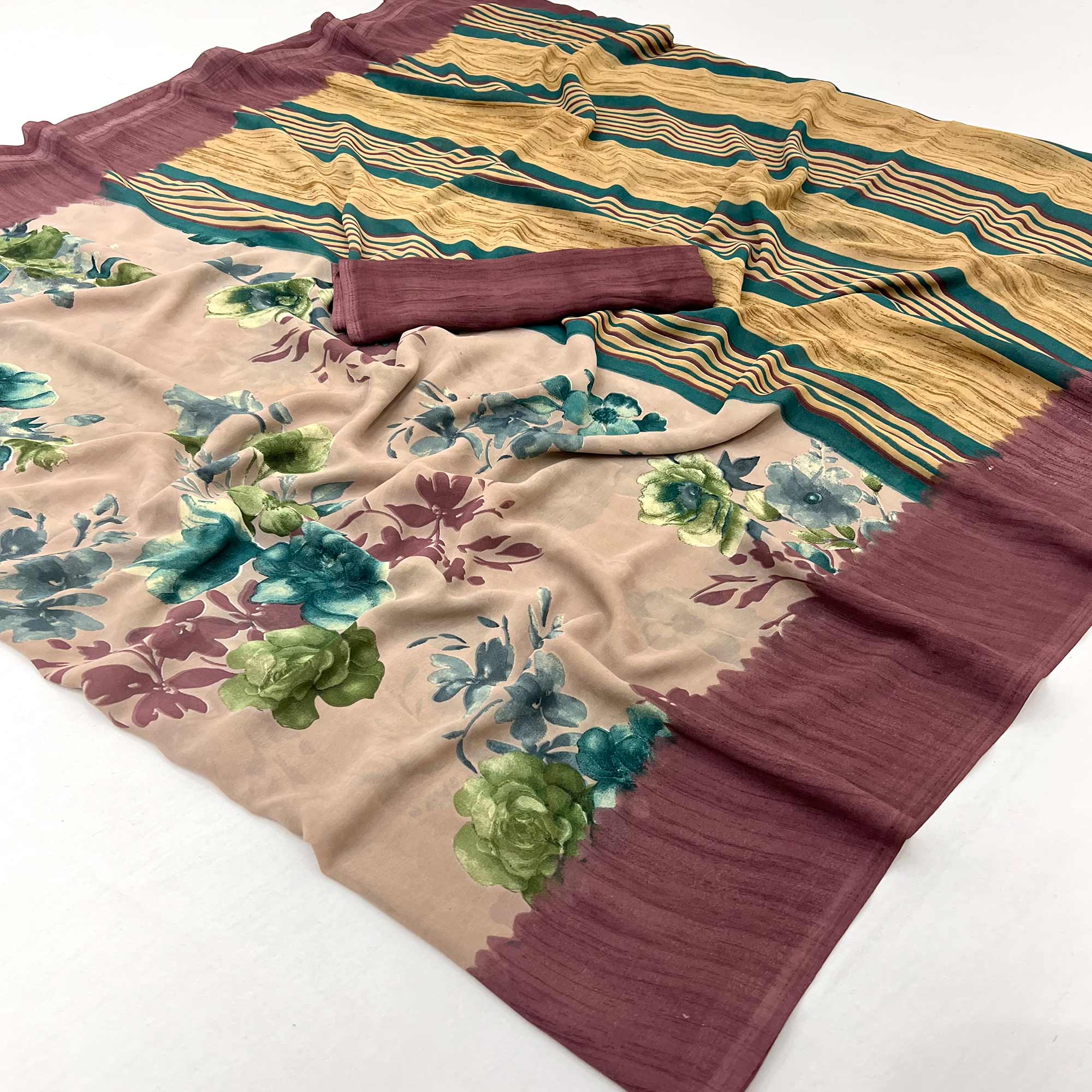 Peachmode Light Brown & Mauve Floral Printed Georgette Saree