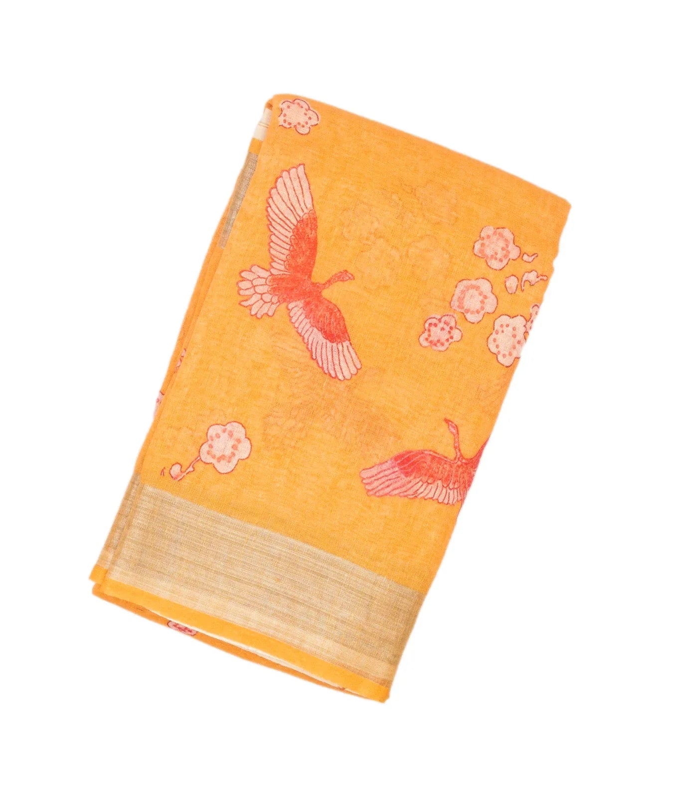 RmKV Orange Handloom Linen Saree With Printed Bird Motifs