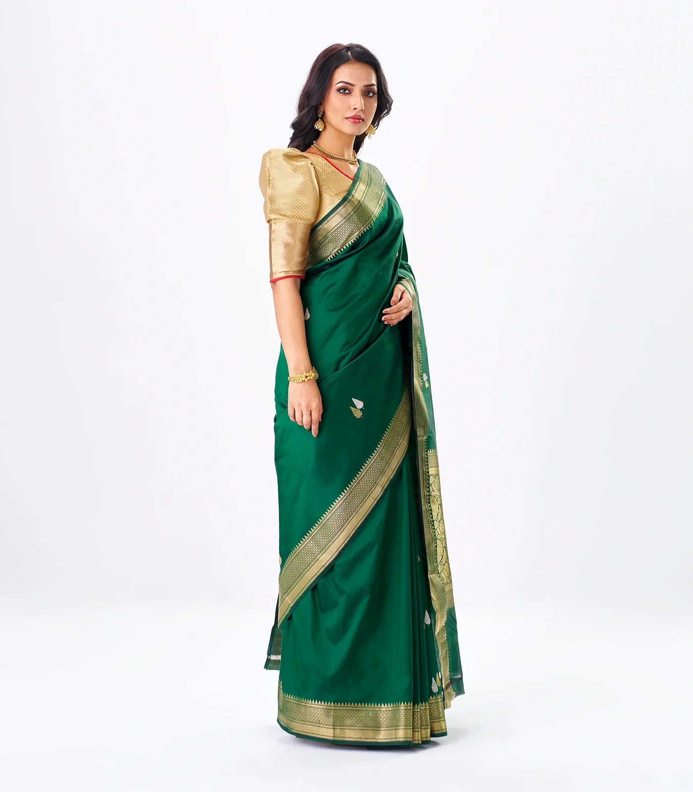 RmKV Dark Green Handloom Banarasi Silk Saree With Gold & Silver Zari Buttas - view 4