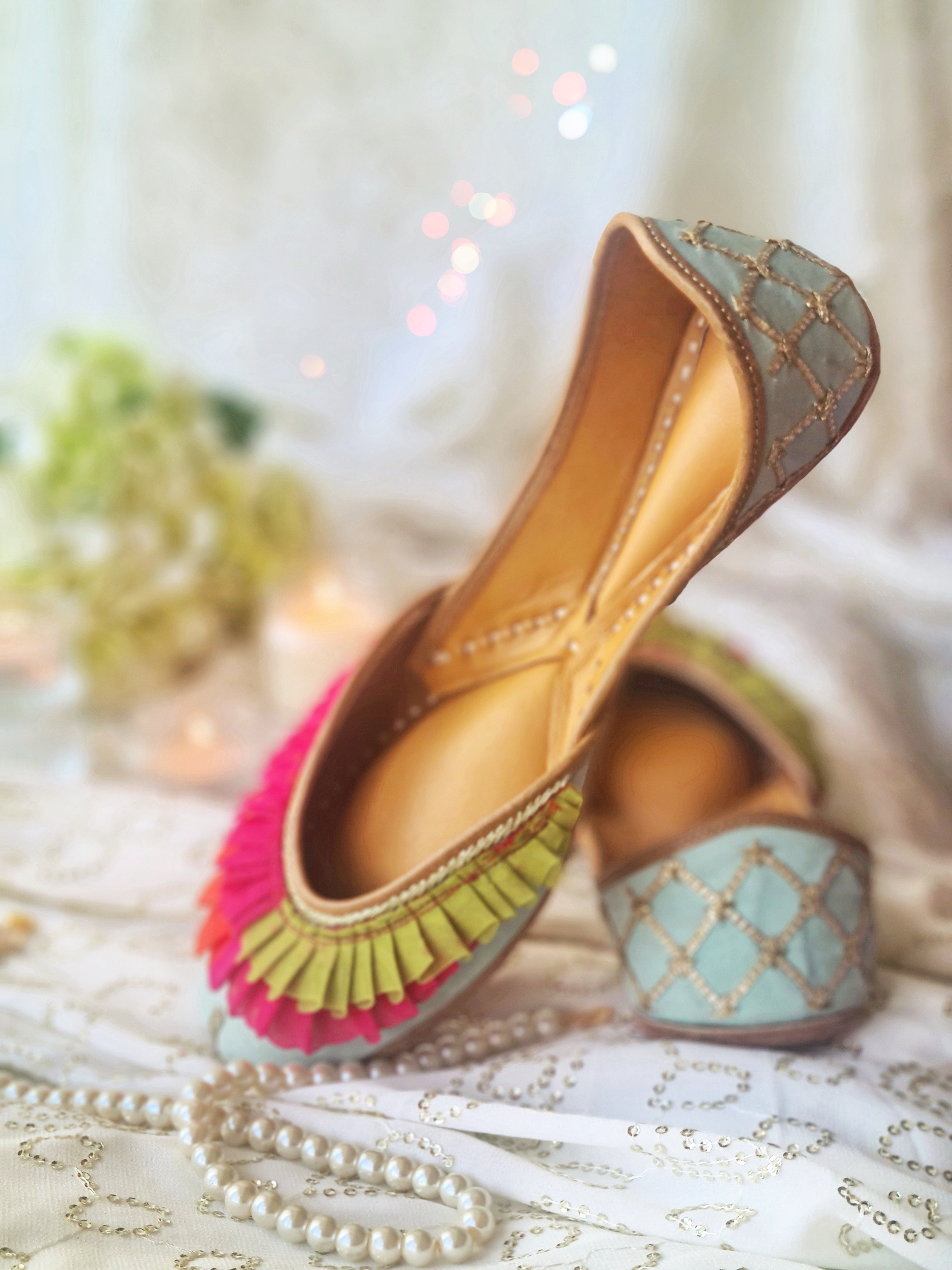 BlackTree Mint Green Ruffled Jutti with Gota Lace - view 2