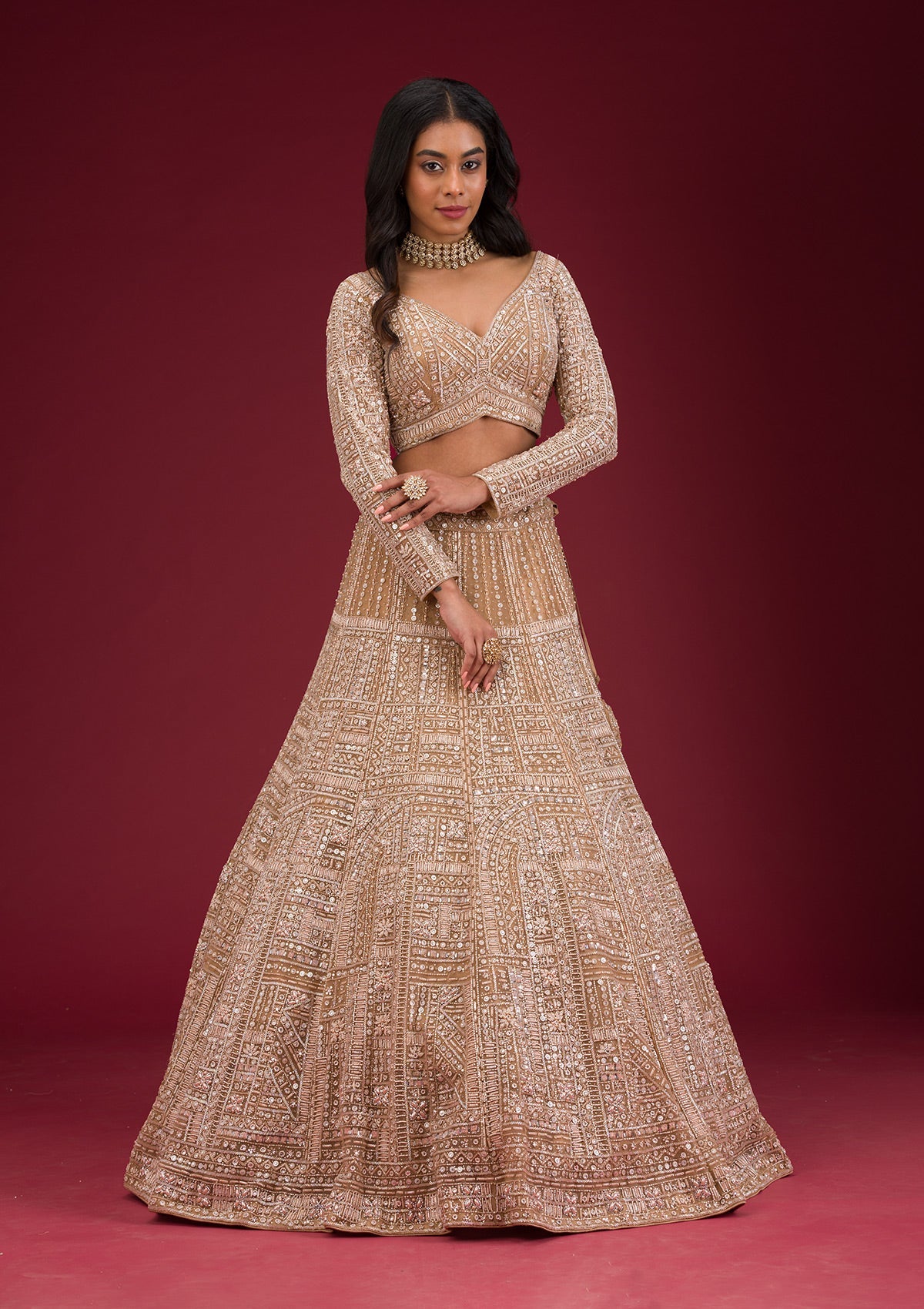 Koskii Beige Sequins Net Readymade Lehenga – Women's - view 5