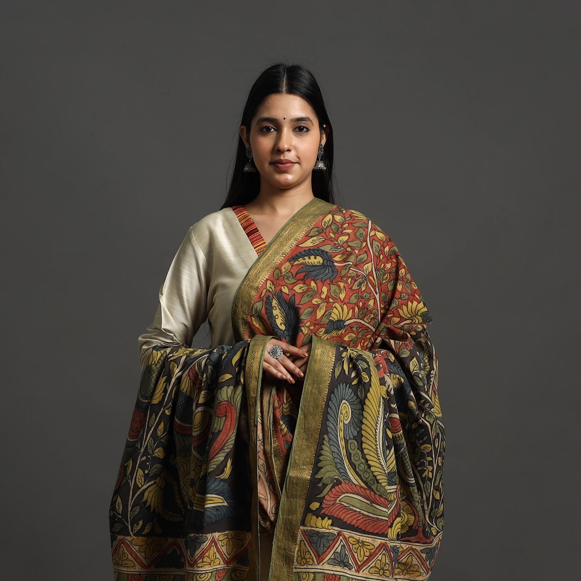 SOUTH KARGHA Brown - Mangalagiri Cotton Handpainted Pen Work Kalamkari Dupatta 06 - view 3