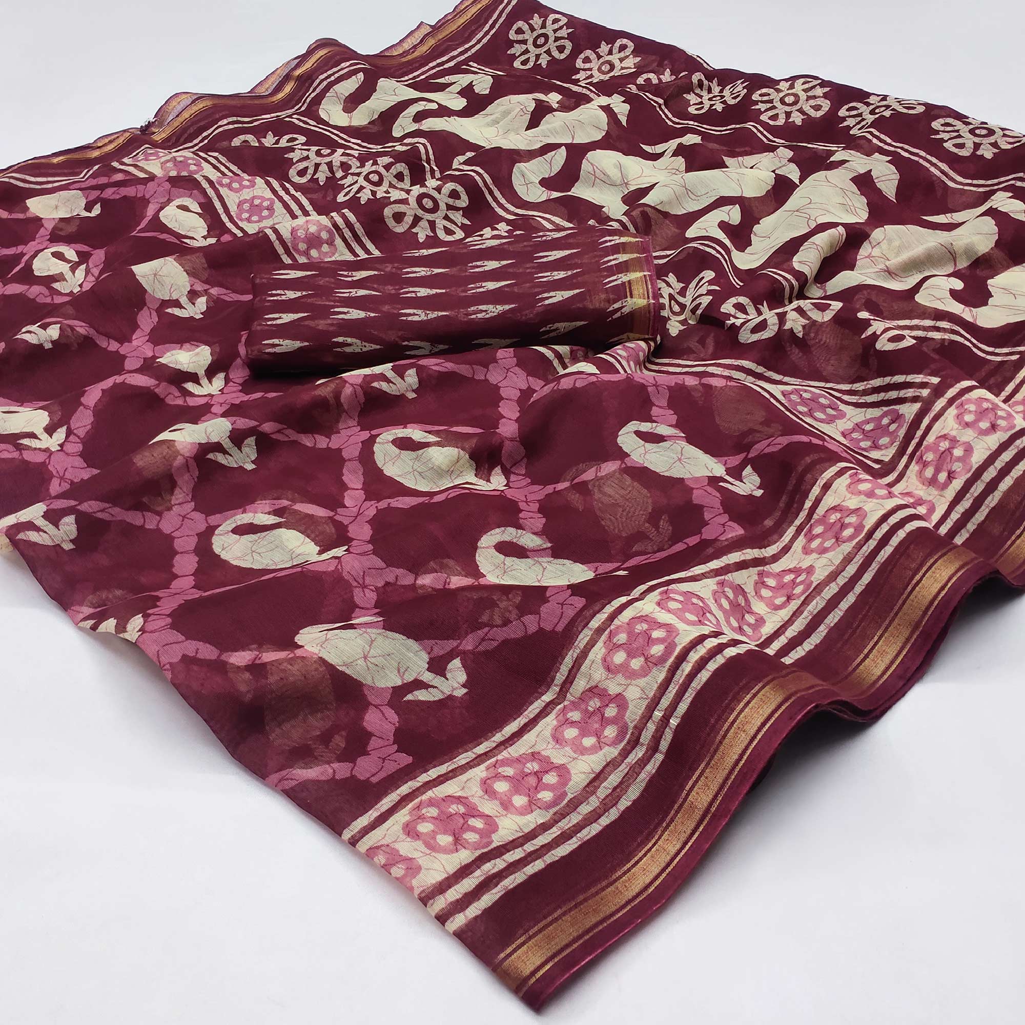 Peachmode Maroon Printed Cotton Blend Saree – Women's