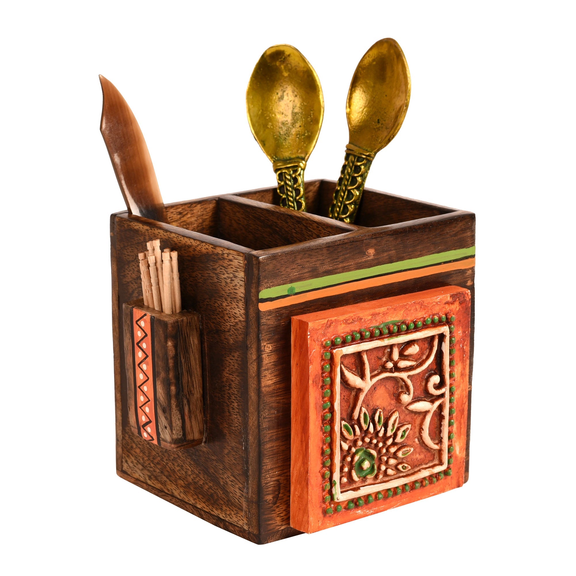 ART CREATIONS BY SUMAN SONTHALIA Brown - Cutlery Holder Handcrafted in Wood with Tribal Art (4.5x4x4") - view 2