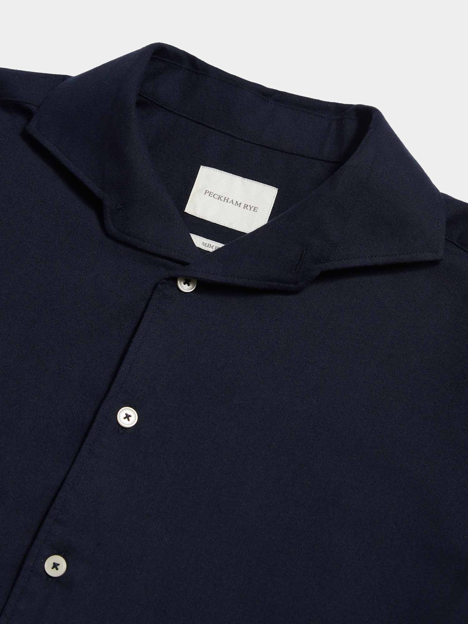 Peckham Rye Herringbone Spread Dark Sapphire Navy Flannel Shirt - view 7
