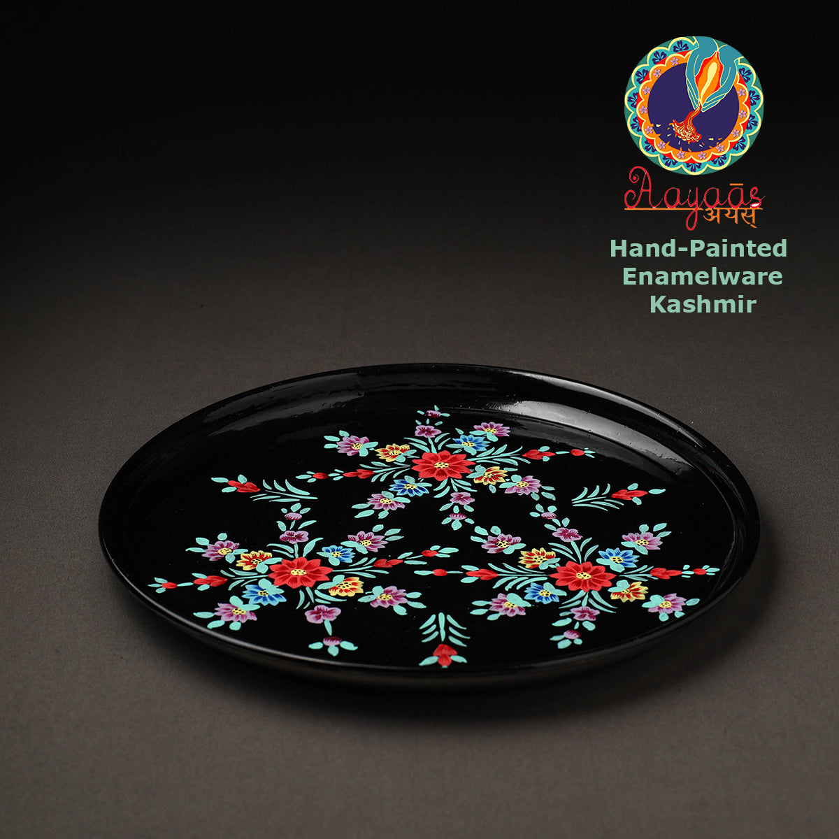 AAYAAS Black - Floral Handpainted Enamelware Stainless Steel Plate