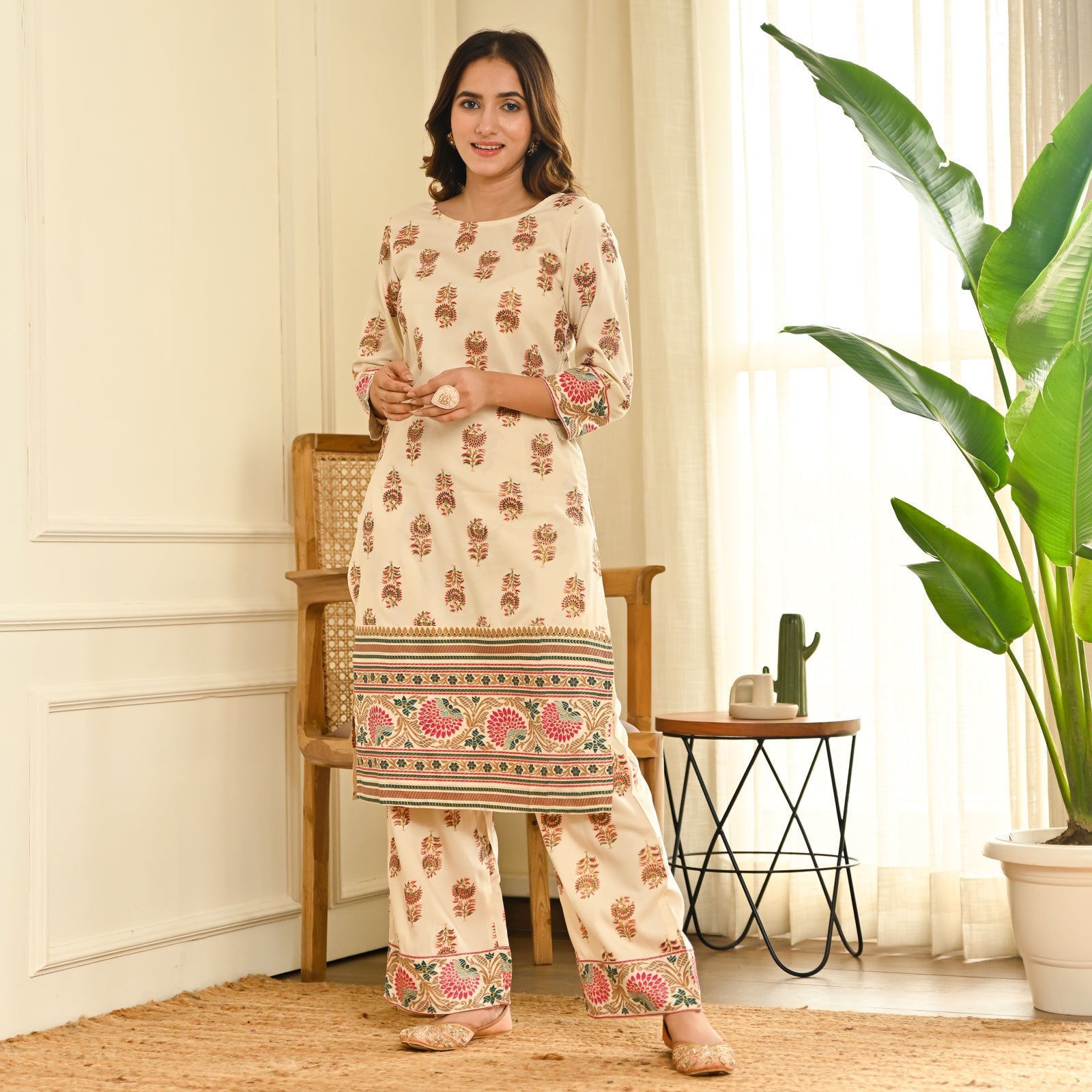 BlackTree Cream Boota Straight Kurta Pant Set - view 3