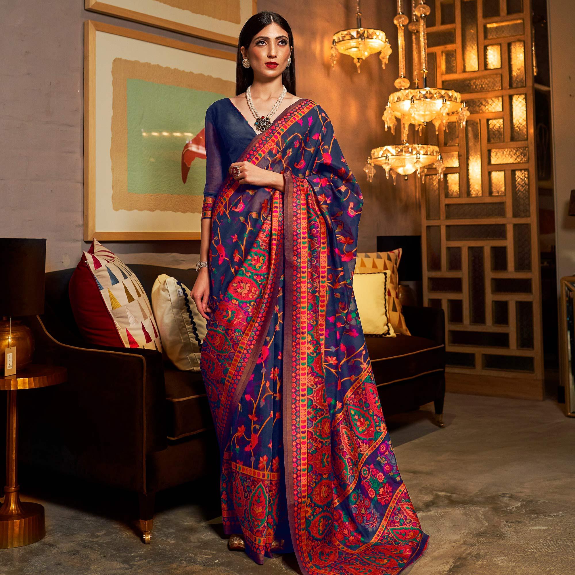 Peachmode Mesmeric Dark Blue Colored Festive Wear Woven Chanderi Saree