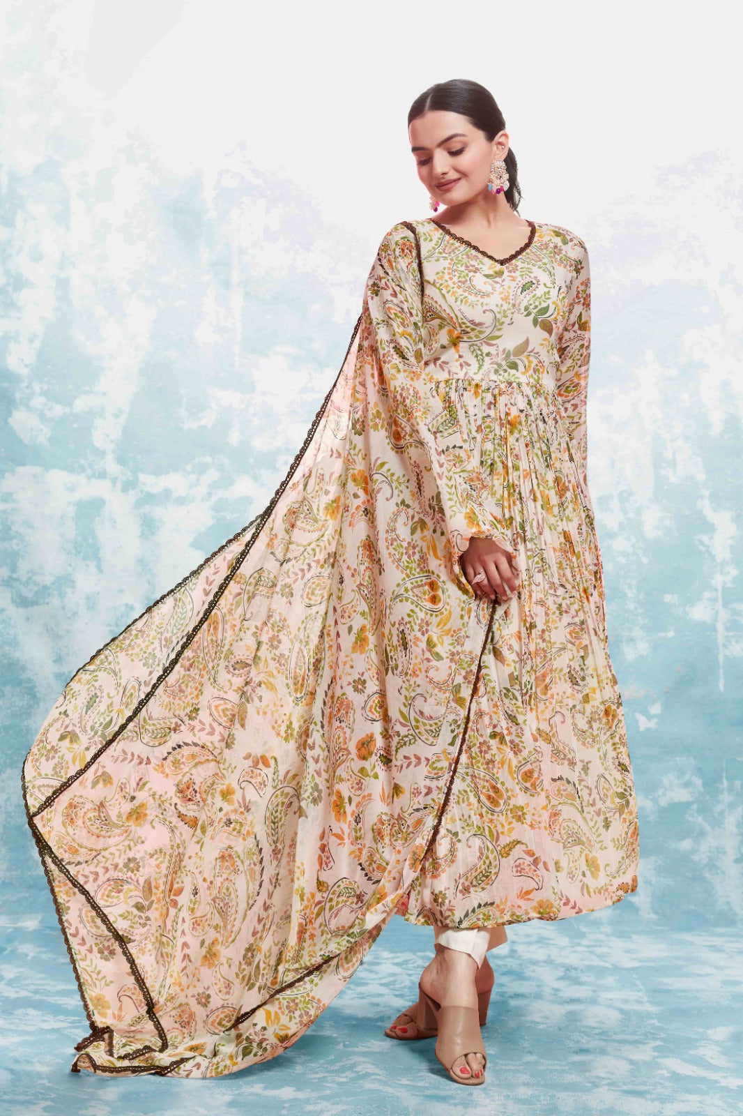ClothsVilla Beige Georgette Printed Suit Set | Fully Stitched & Ready to Wear - view 4