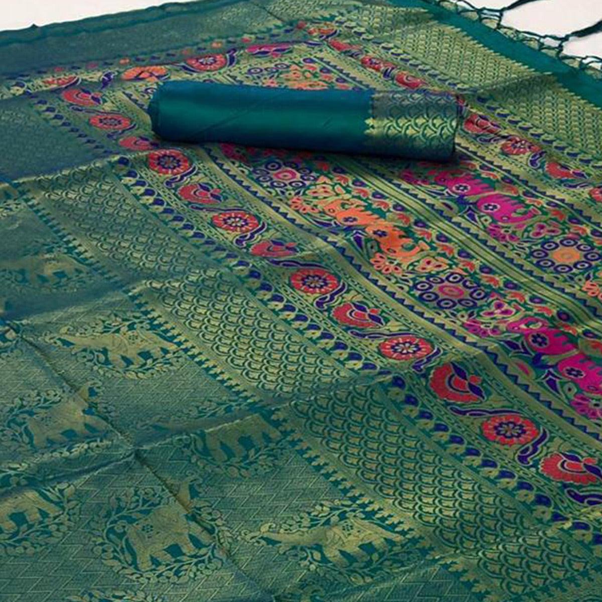 Peachmode Hypnotic Turquoise Green Colored Festive Wear Woven Pure Soft Silk Saree - view 2