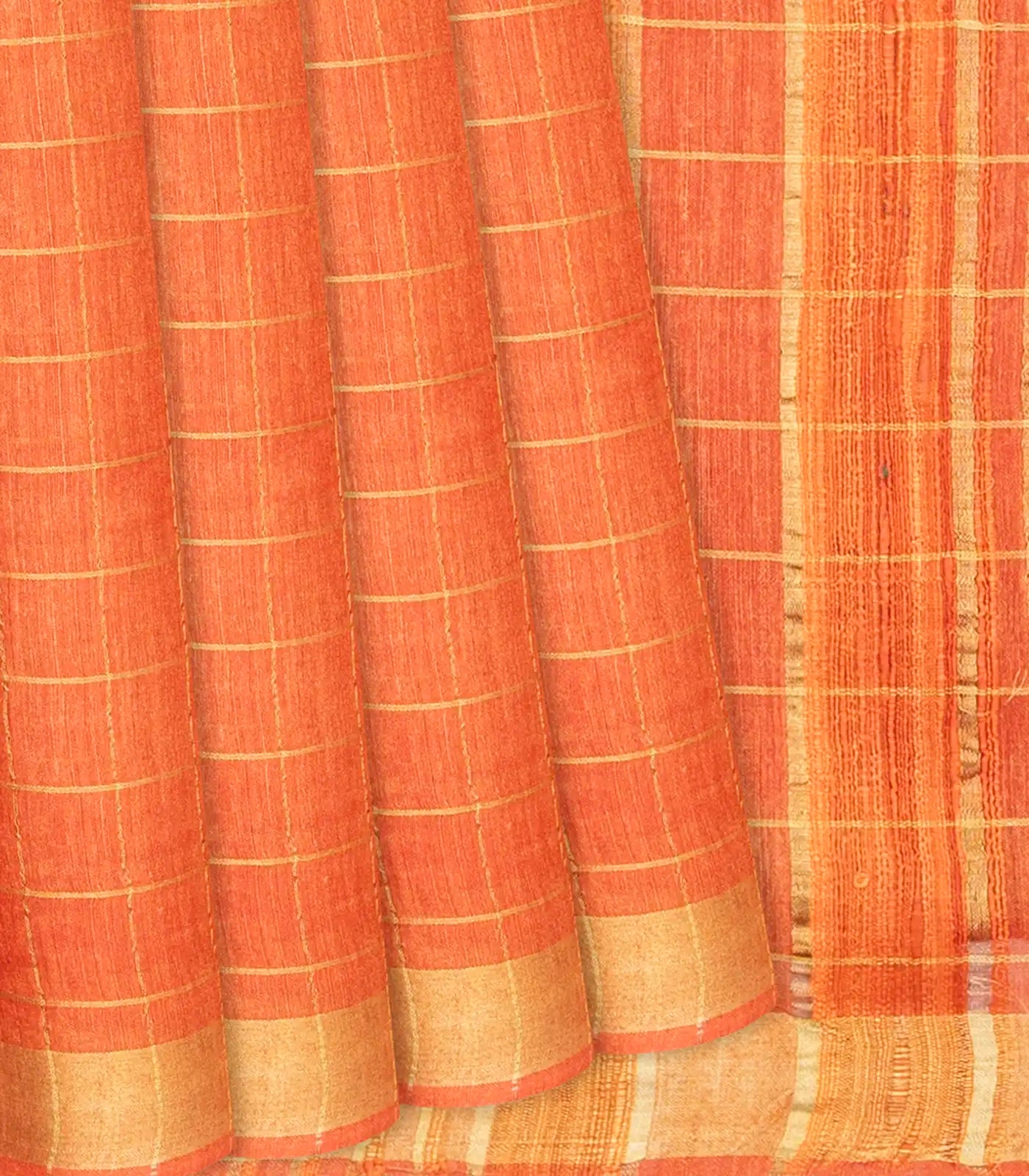 RmKV Orange Handwoven Tussar Silk Saree With Checks-Orange