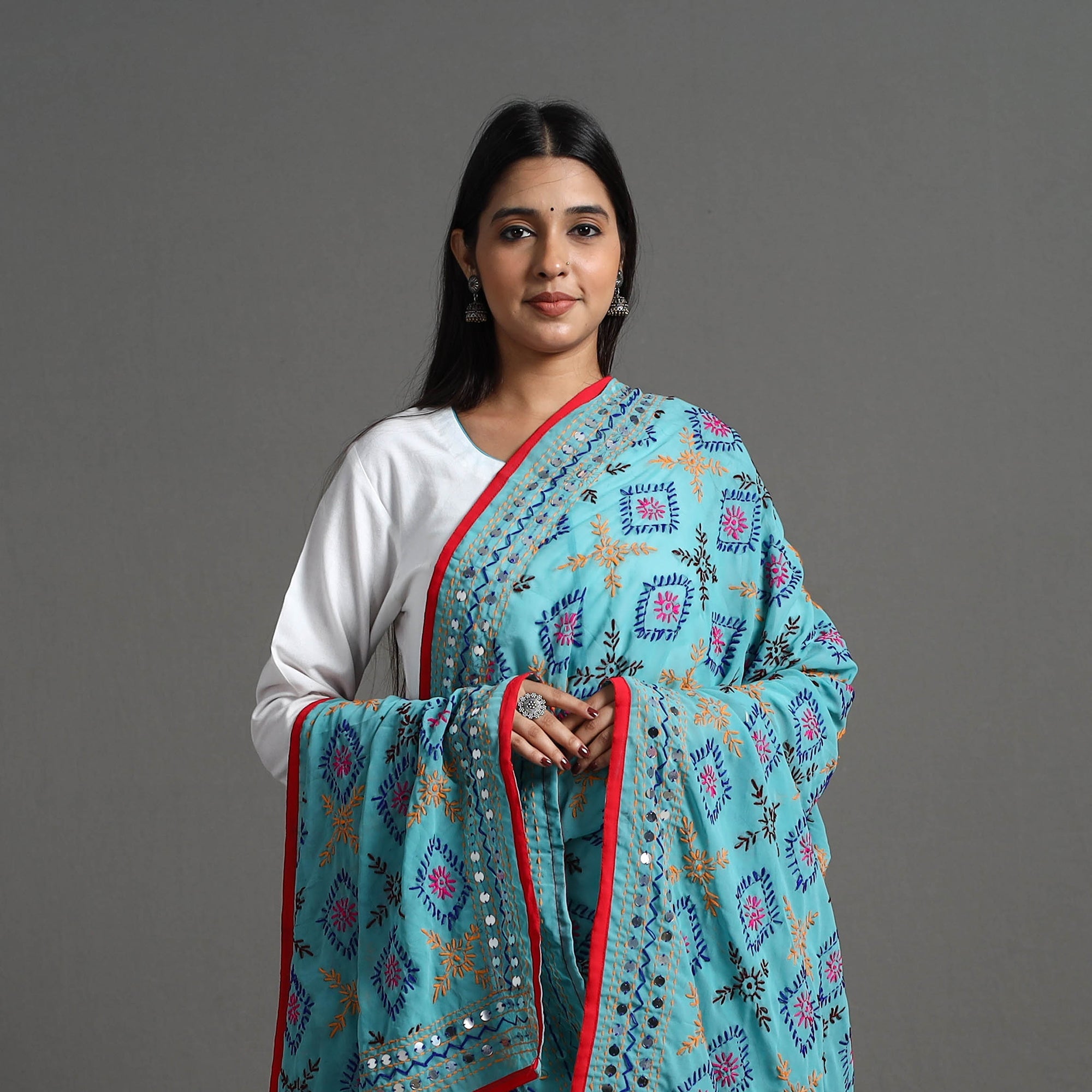 ITOKRI CRAFTS INITIATIVE Blue - Georgette Chapawork Embroidery Phulkari Dupatta 165 - view 3
