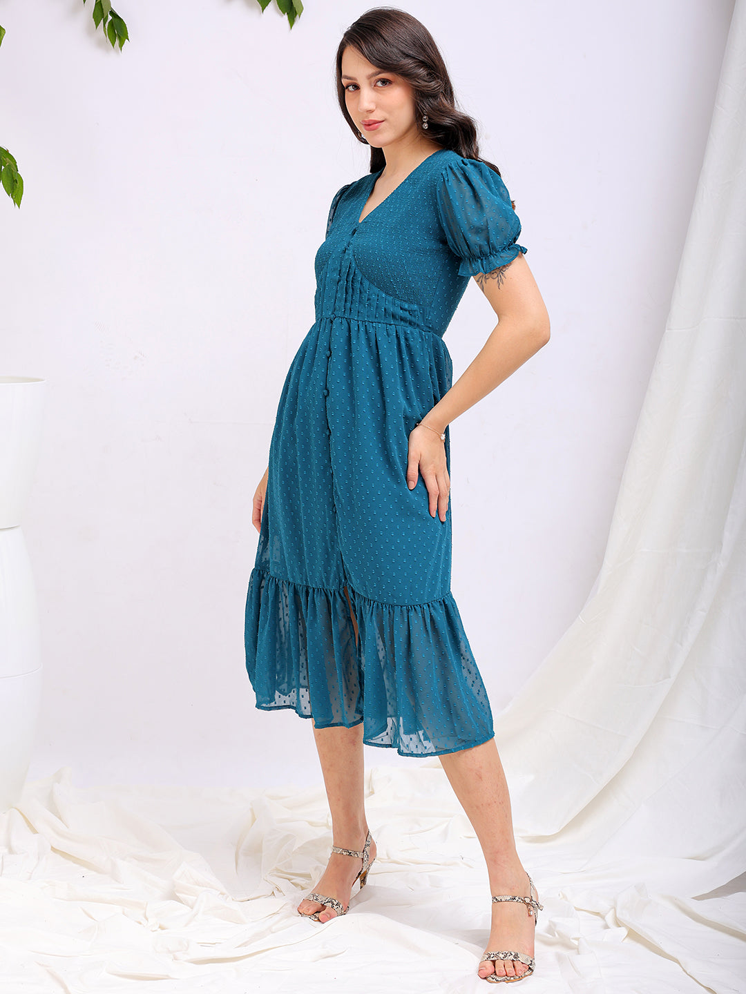 Freehand by The Indian Garage Co Women's Teal Fit and Flare Textured V neck Tiered Dress - view 8
