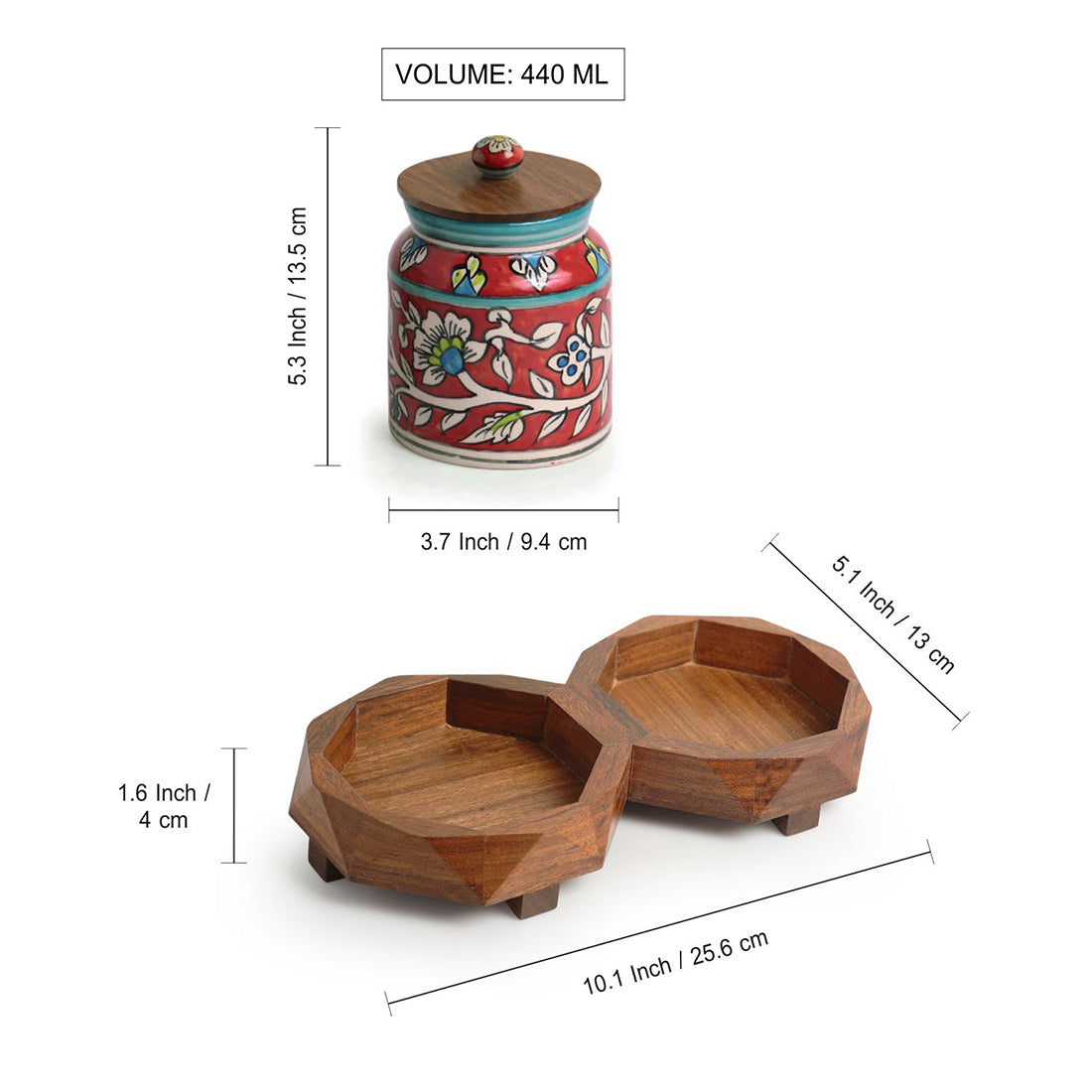 EXCLUSIVELANE 'Mughal Floral' Hand-Painted Ceramic Storage Jars & Containers with Tray (Set of 2, 440 ML) - view 7