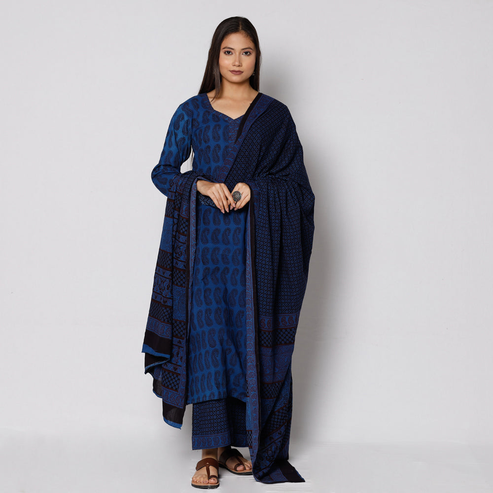ITOKRI CASUALS Blue - Bagh Block Printing Cotton Kurta with Palazzo & Dupatta Set - view 3