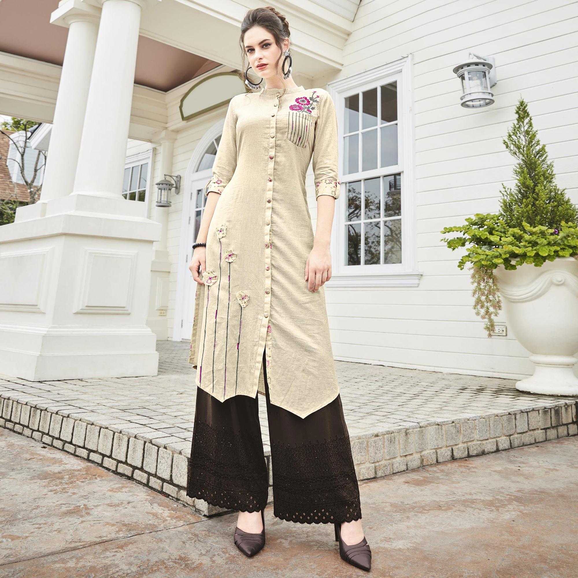 Peachmode Magnetic Off-White Colored Partywear Khadi Fancy Kurti