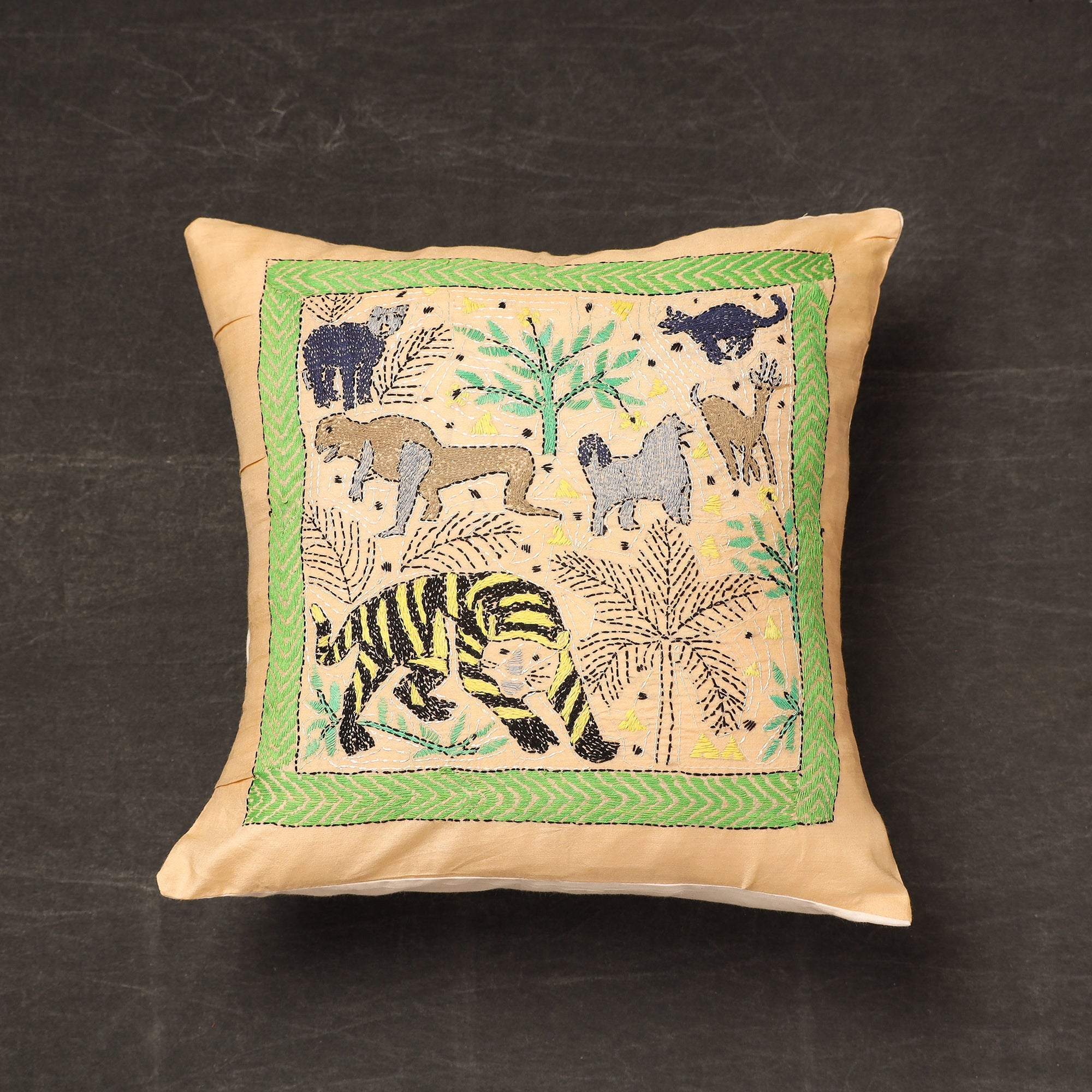 KHUSHBASH - HAPPY LOOM OF EAST Beige - Bengal Kantha Embroidery Silk Cushion Cover (16 x 16 in) 03