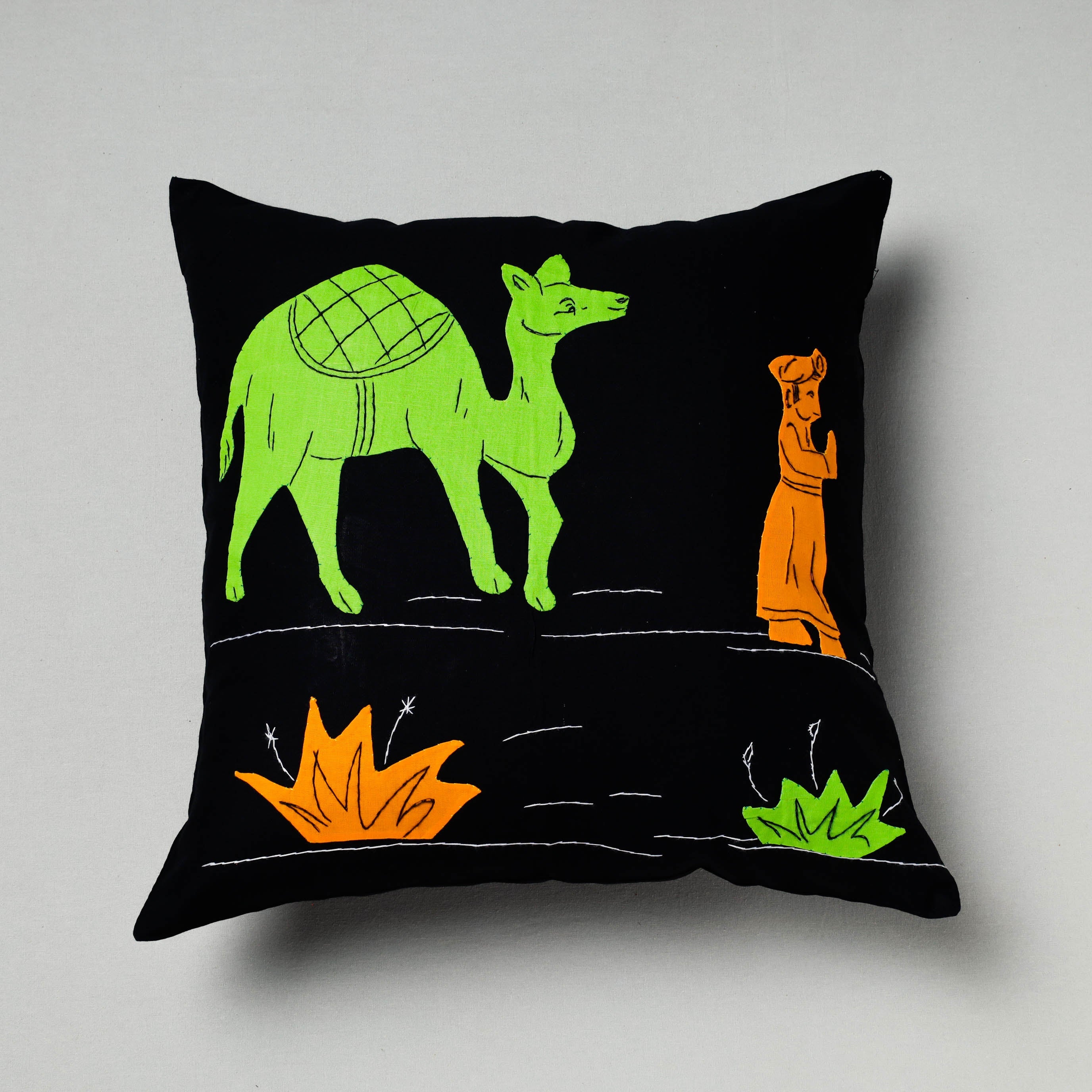 ASHOKA ASSEMBLE - CELEBRATING CRAFTS OF ODISHA Black - Pipli Applique Work Cotton Cushion Cover (16 x 16 in)