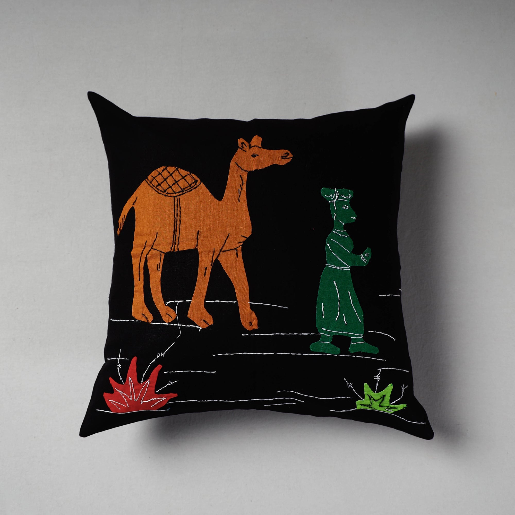 ASHOKA ASSEMBLE - CELEBRATING CRAFTS OF ODISHA Black - Pipli Applique Work Cotton Cushion Cover (16 x 16 in)