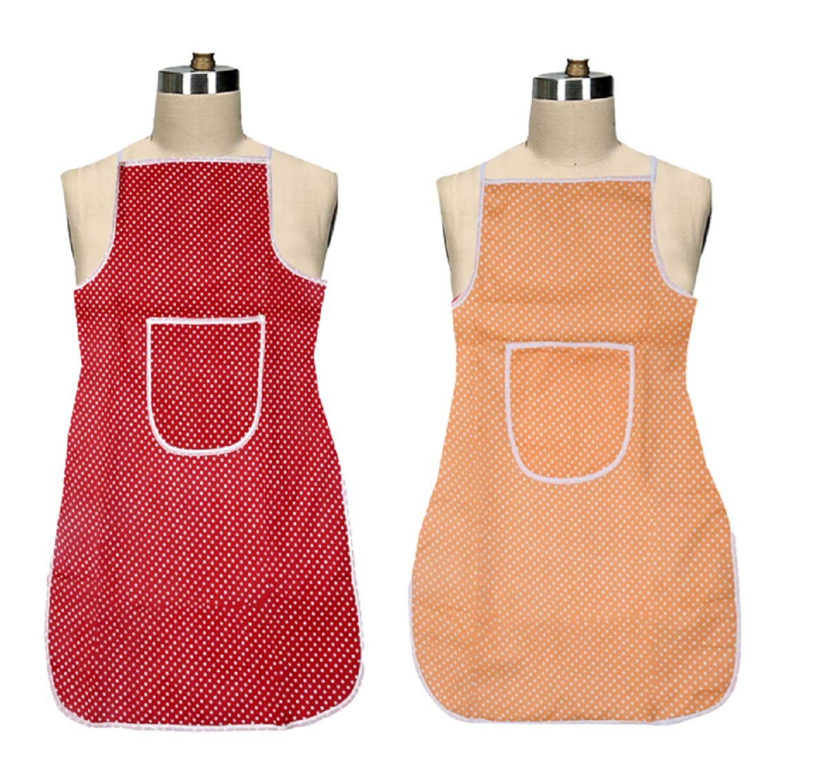 Kuber Industries Polka Dots Bib Apron,Water Oil Cotton Resistant Chef Cooking Kitchen Apron with Pockets for Men Women (Set of 2,Maroon & Peach)-KUBMA