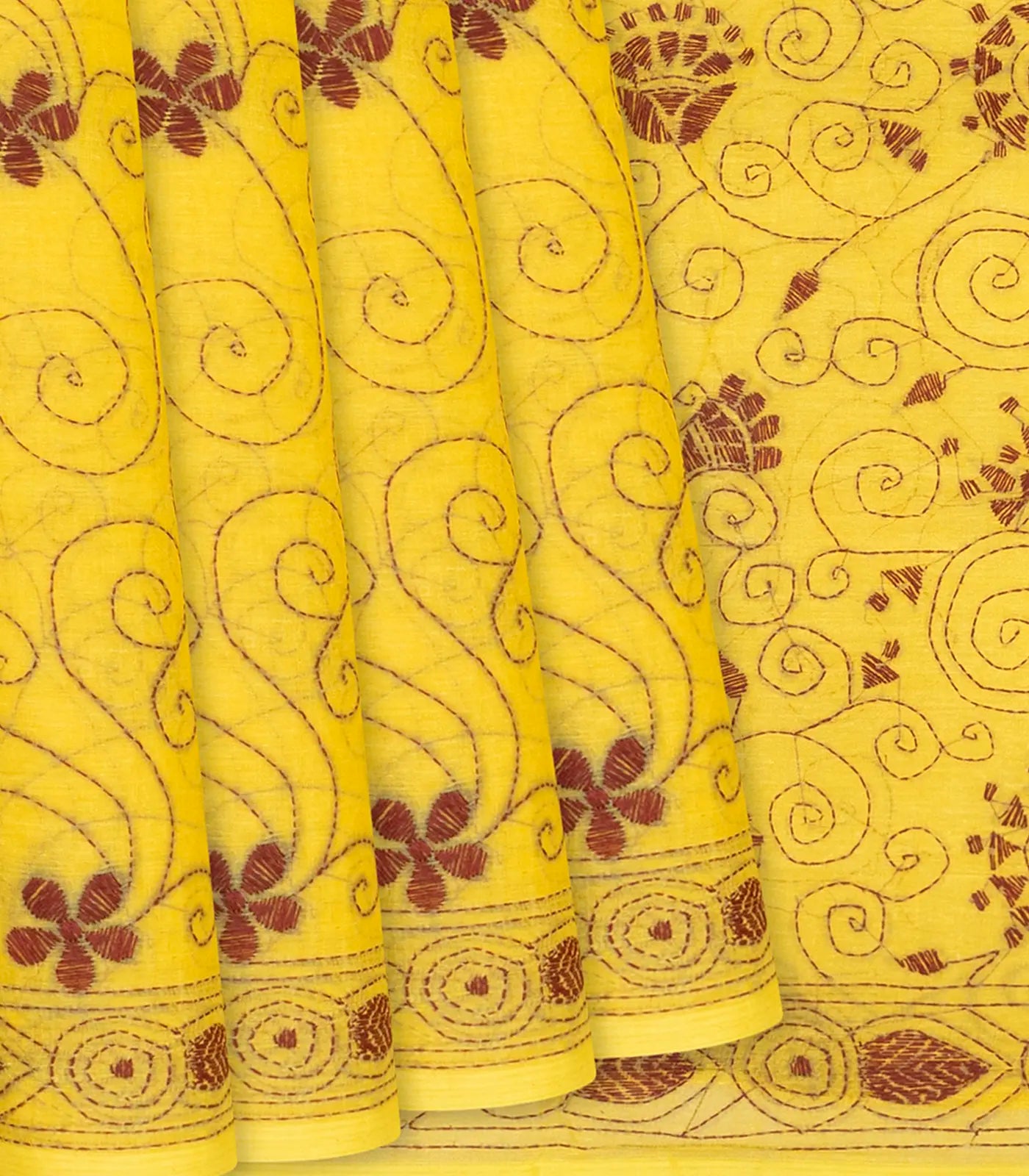 RmKV Yellow Handloom Bengal Cotton Saree With Spiral Motifs-Yellow