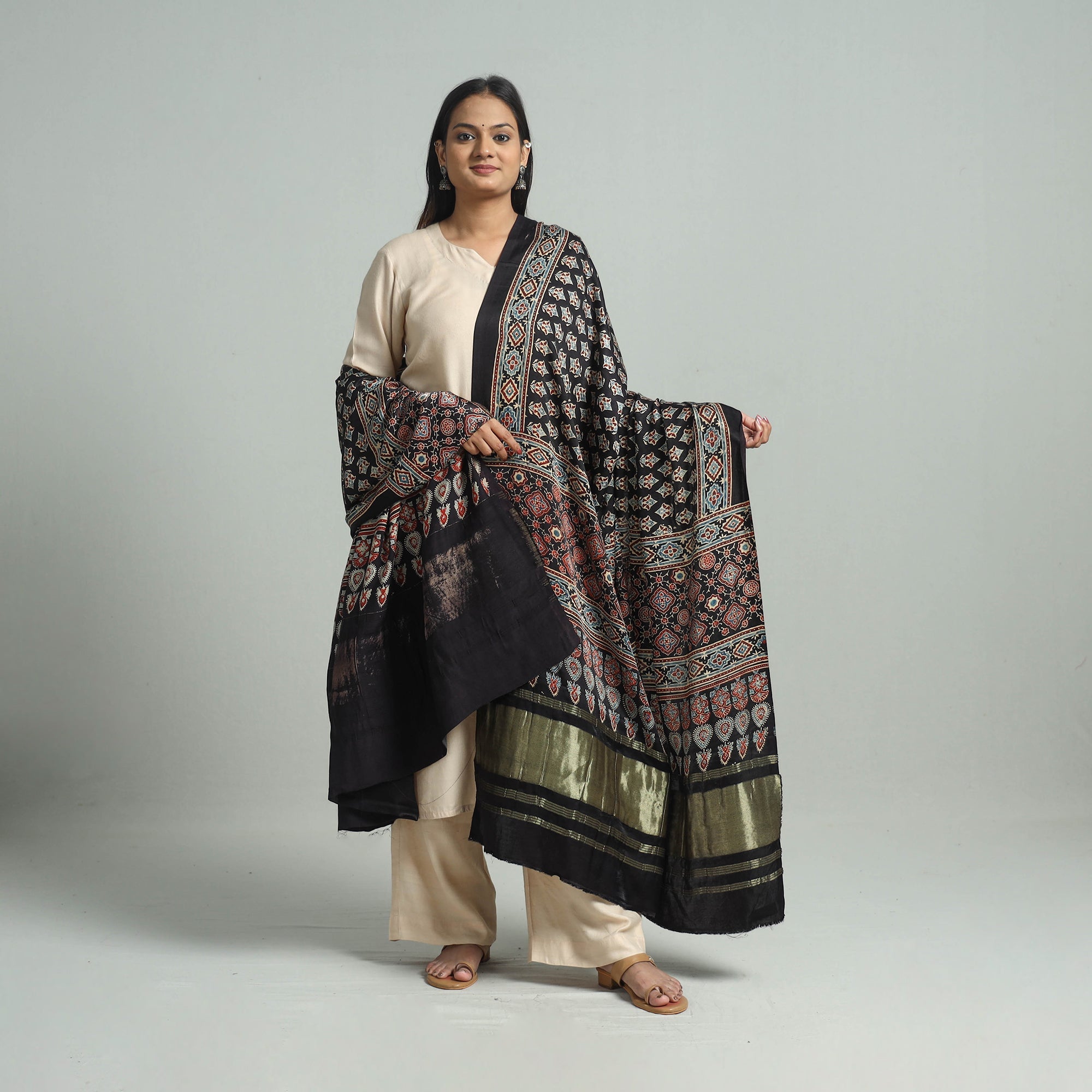 KACHCHH JI CHHAAP Black - Modal Silk Block Print Ajrakh Dupatta 80