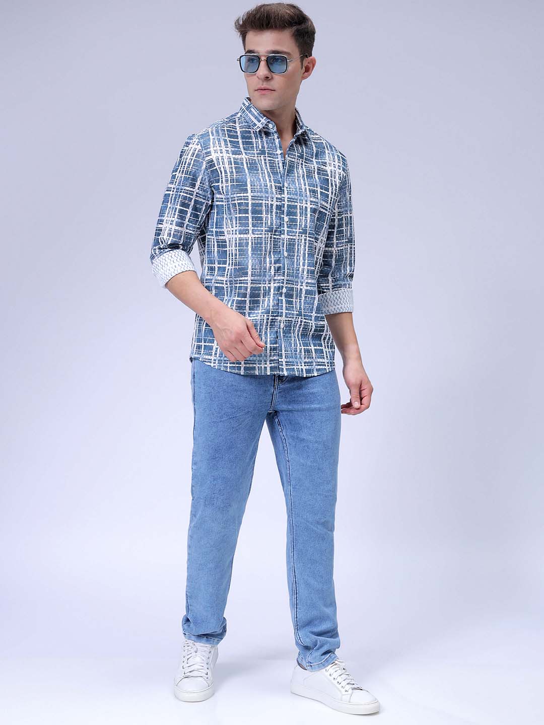 The Indian Garage Co Men's Blue Relaxed Fit Checkered Textured Resortwear Shirt - view 2