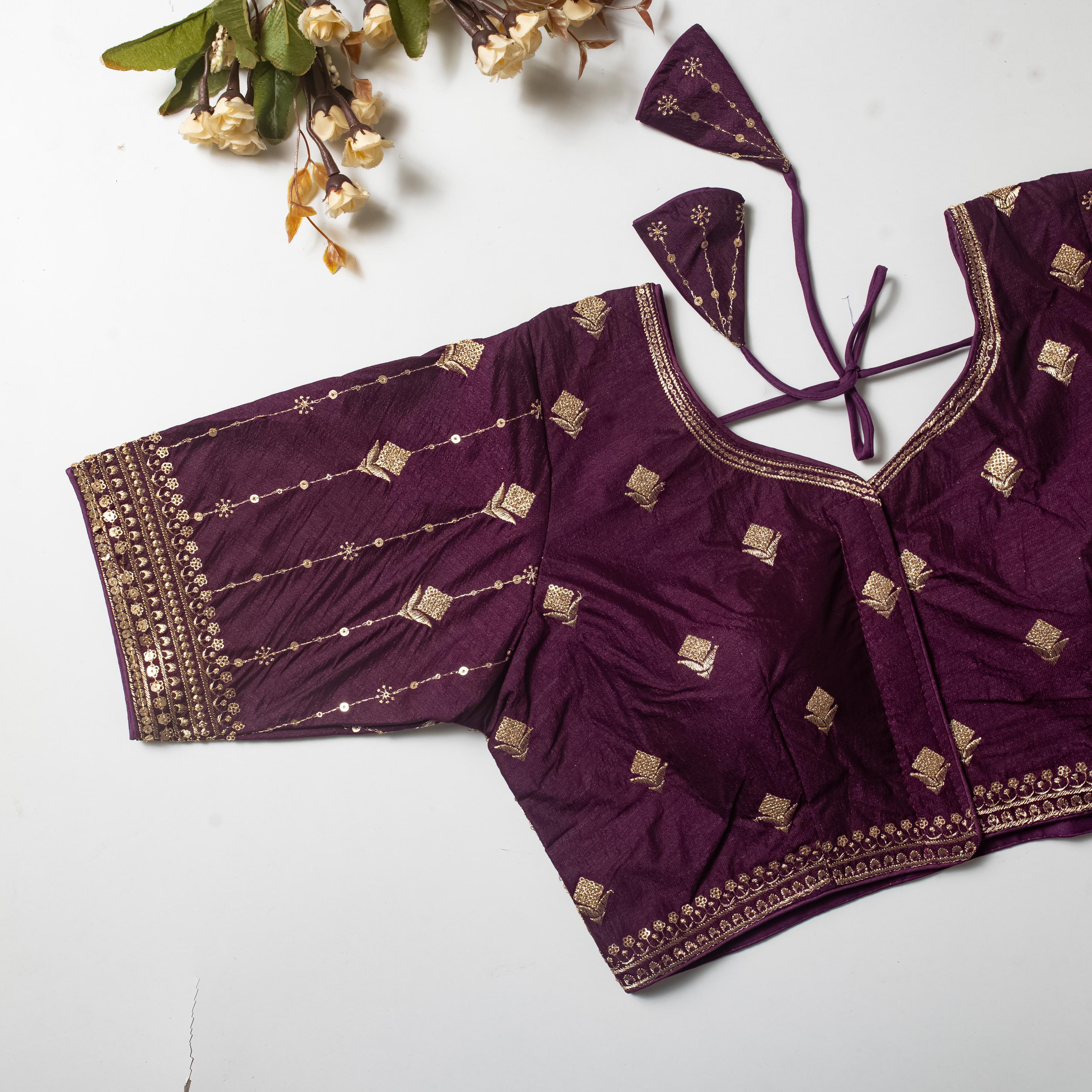 ClothsVilla Wine Golden Embroidered Vibrant Silk Blouse with Sequins - view 2